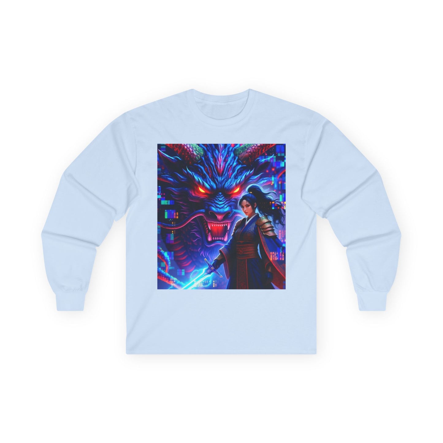 Long Sleeve Tee — Neon Samurai Wolf Art Graphic Shirt