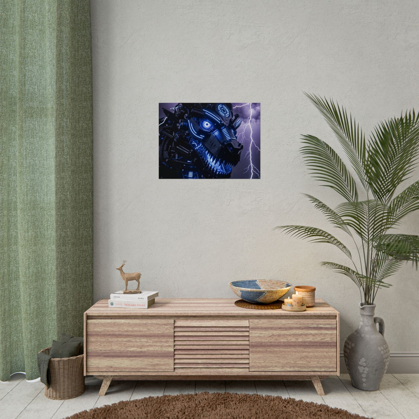 CyberDragon Storm Poster — Futuristic Mech Wolf Art Print (Rolled Poster)