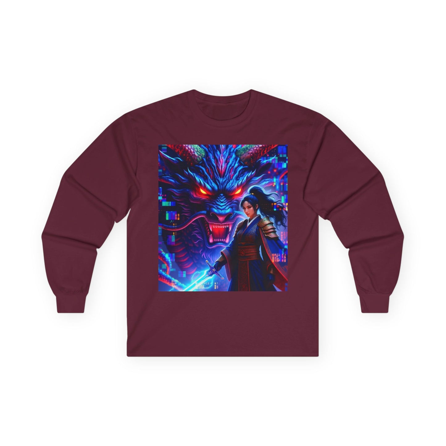 Long Sleeve Tee — Neon Samurai Wolf Art Graphic Shirt