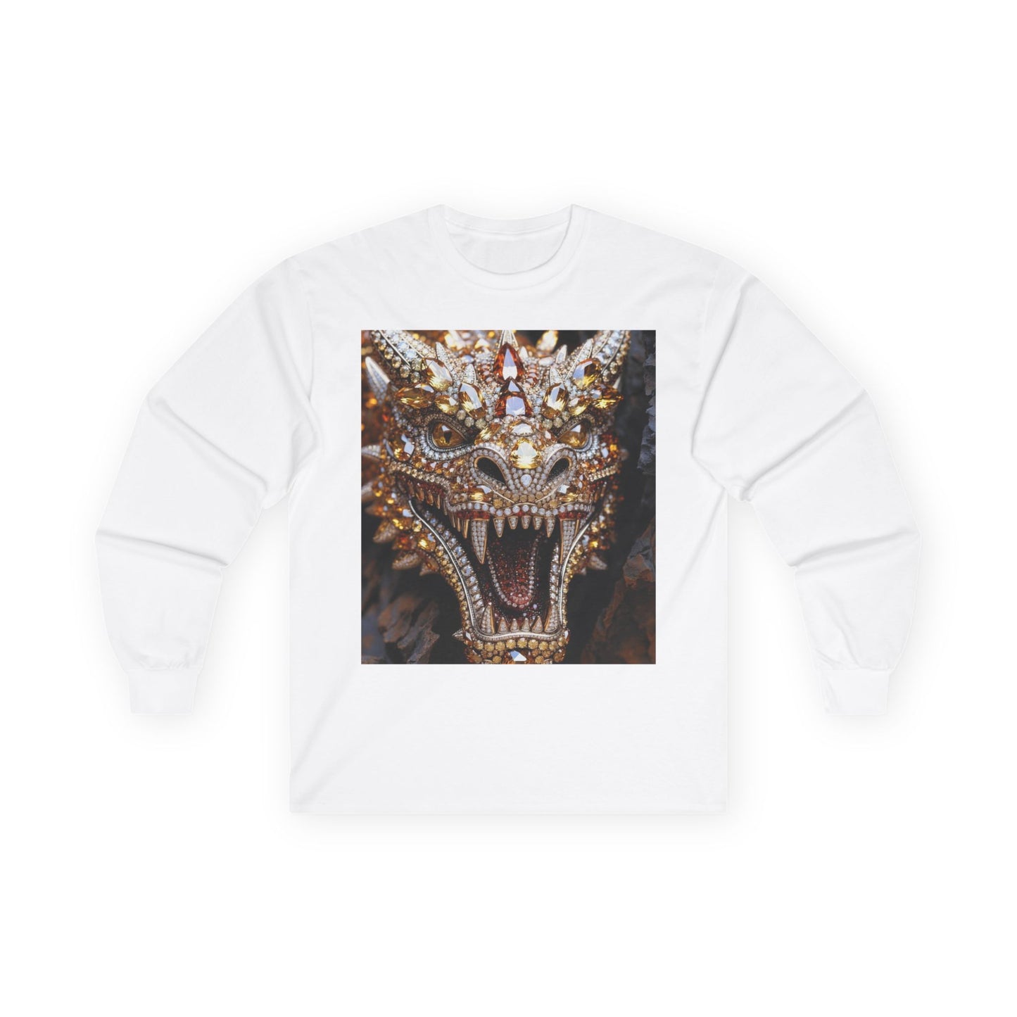 Dragon Mask Long Sleeve Tee — Ornate Fiery Dragon Face Graphic