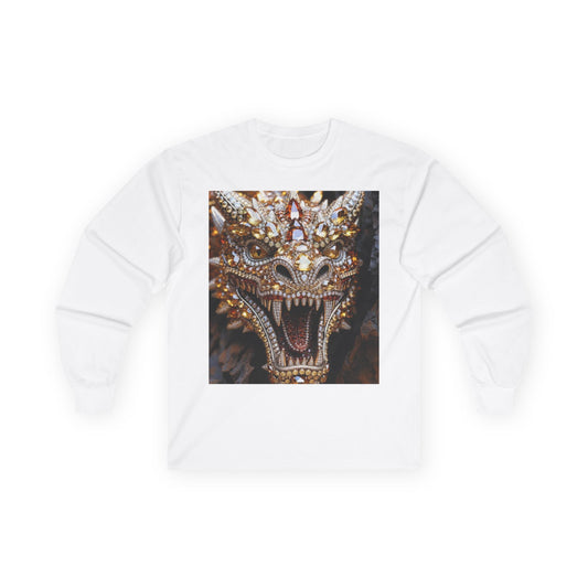 Dragon Mask Long Sleeve Tee — Ornate Fiery Dragon Face Graphic
