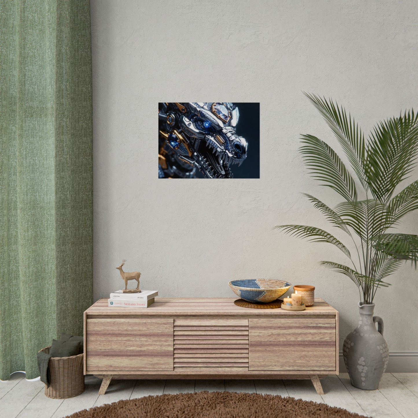 Mechanical Dragon Poster — Futuristic Gold & Blue Sci‑Fi Wall Art