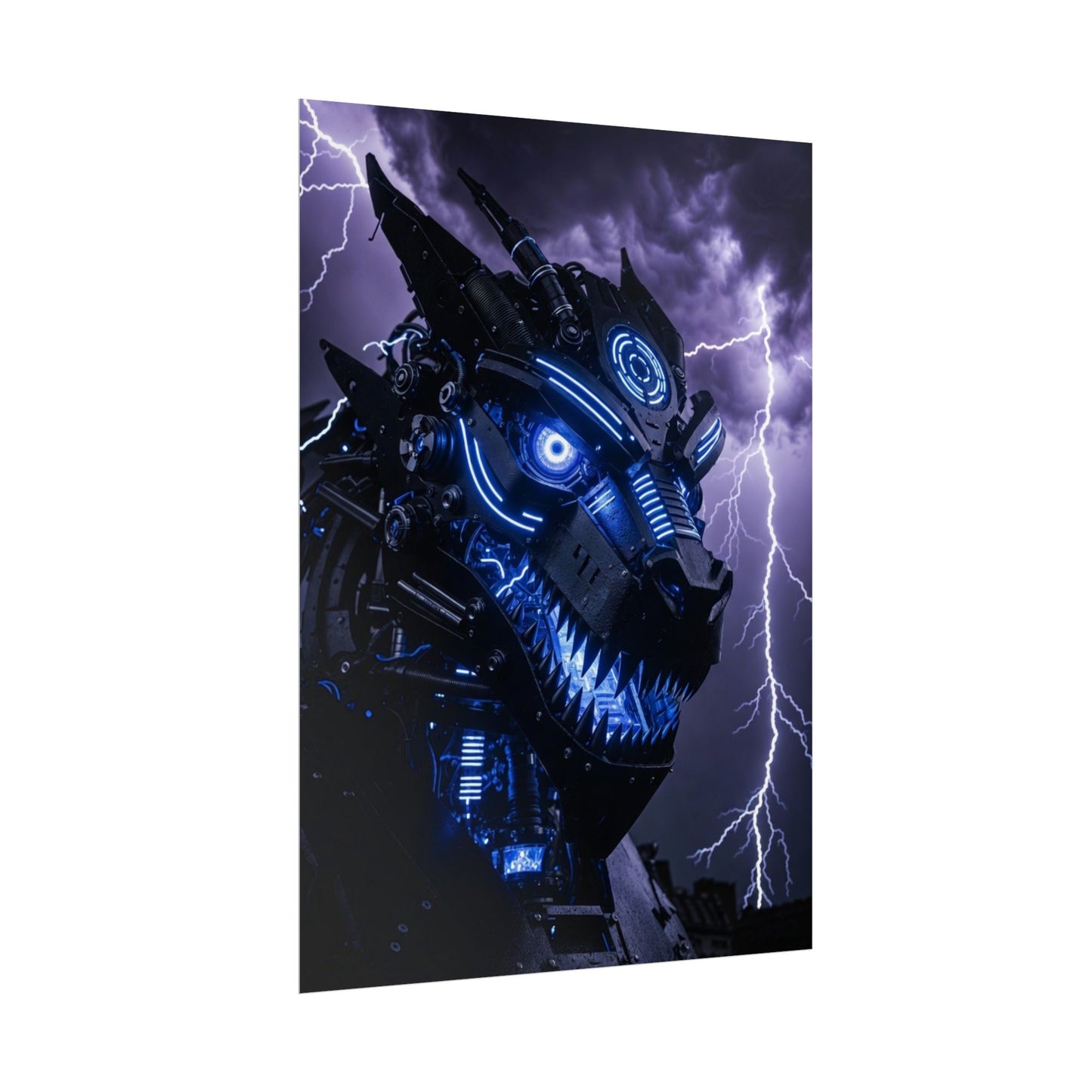 CyberDragon Storm Poster — Futuristic Mech Wolf Art Print (Rolled Poster)