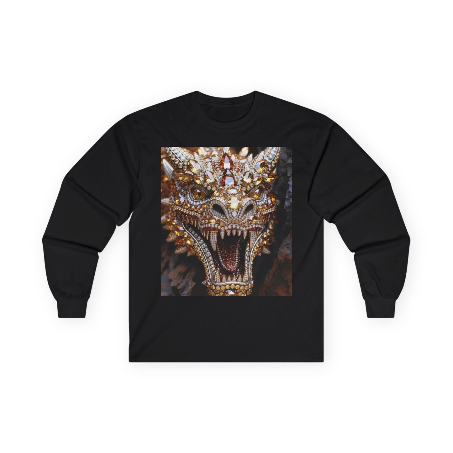 Dragon Mask Long Sleeve Tee — Ornate Fiery Dragon Face Graphic