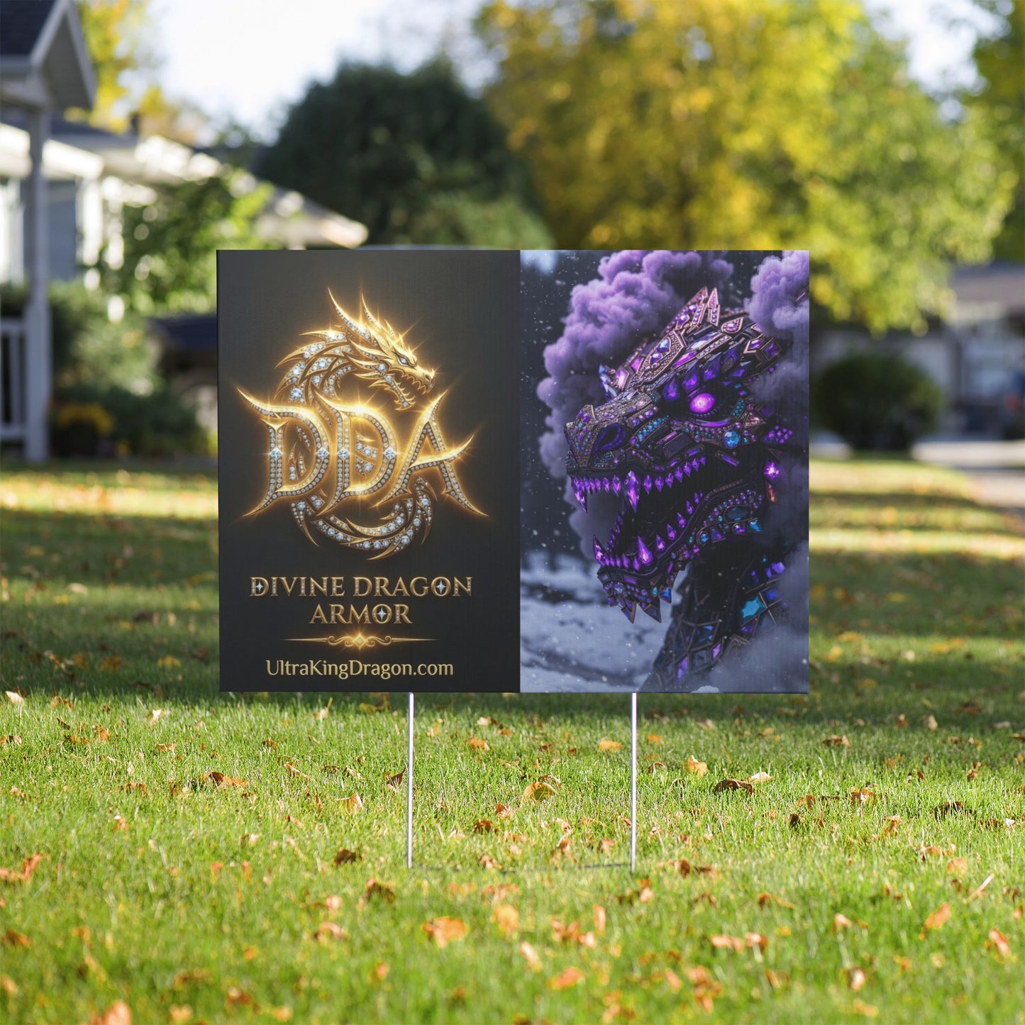Divine Dragon Armor Yard Sign — Mythic Gold Logo & Dragon Graphic Outdoor Sign