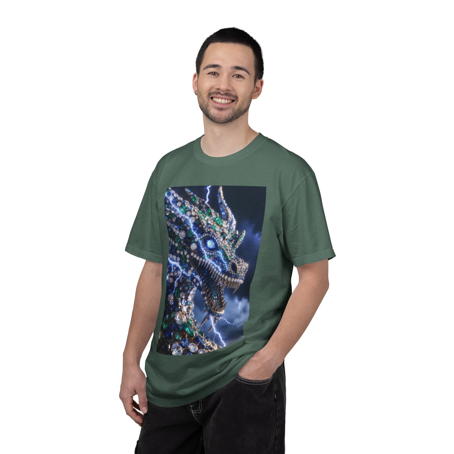 Dragon Lightning Graphic T-Shirt — Jewel-Studded Dragon Design
