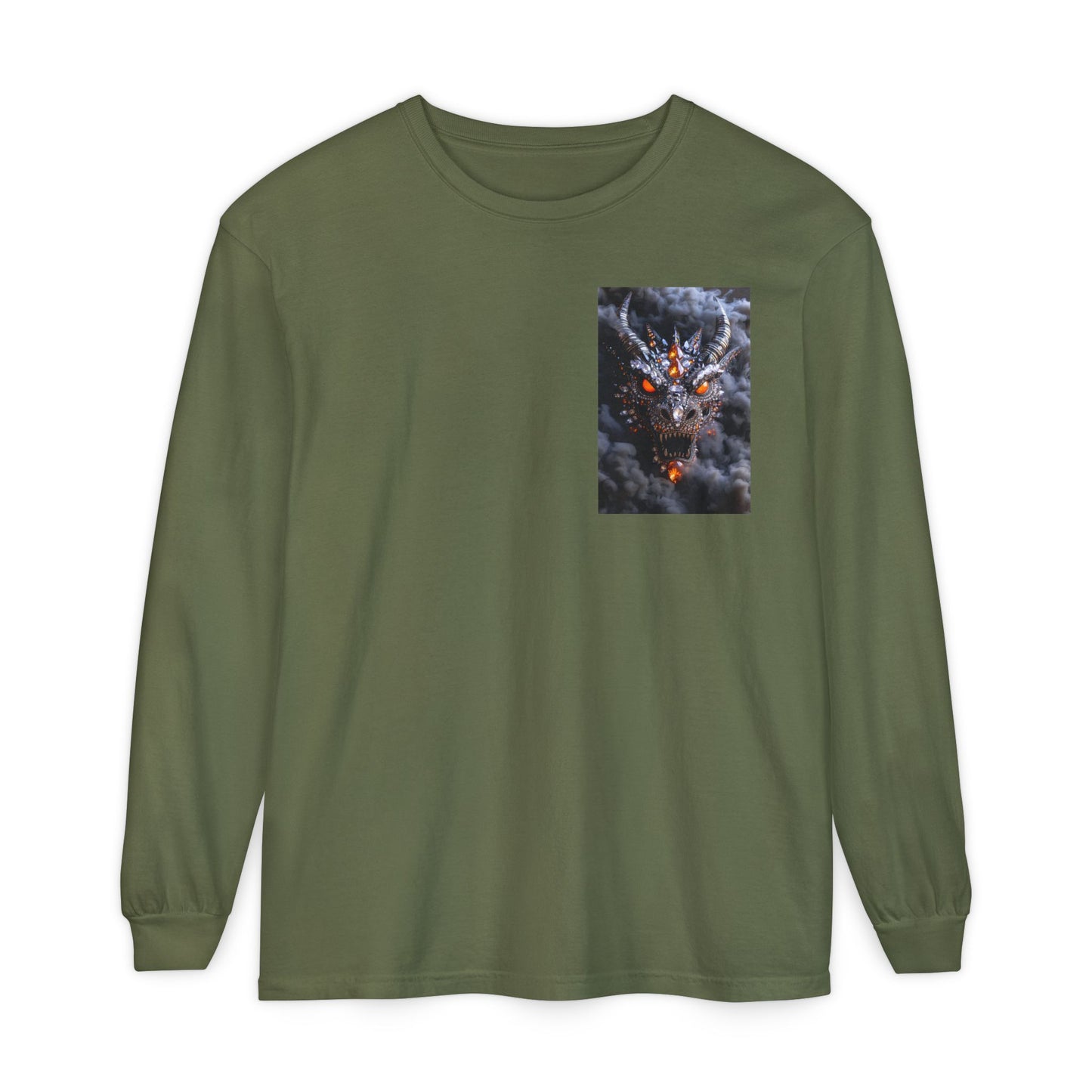 Long Sleeve T‑Shirt — Smoky Dragon Chest Print, Spooky Autumn Graphic