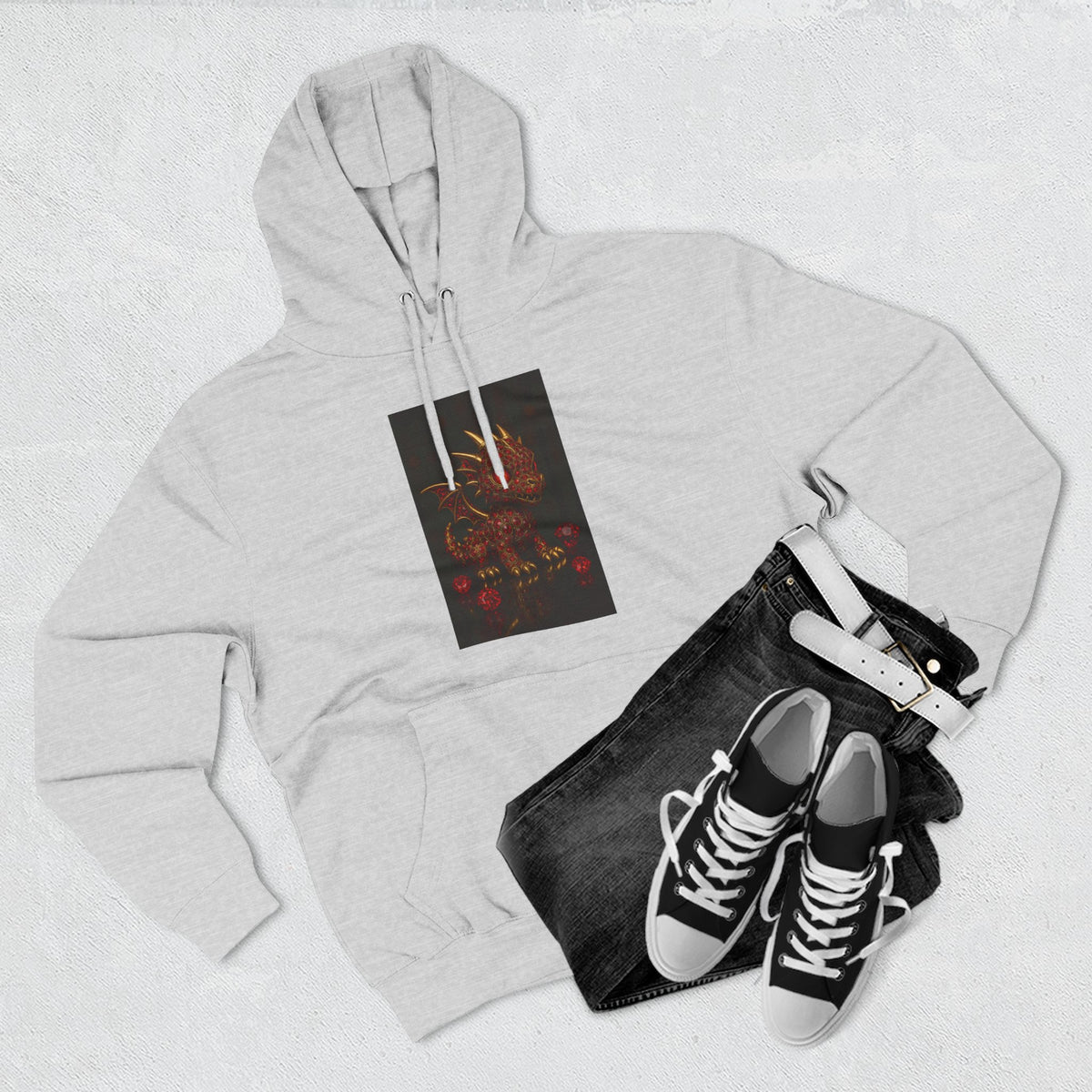 A RUBY RED Dragon Swirl Fleece Hoodie - Three-Panel Design for Fantasy Lovers