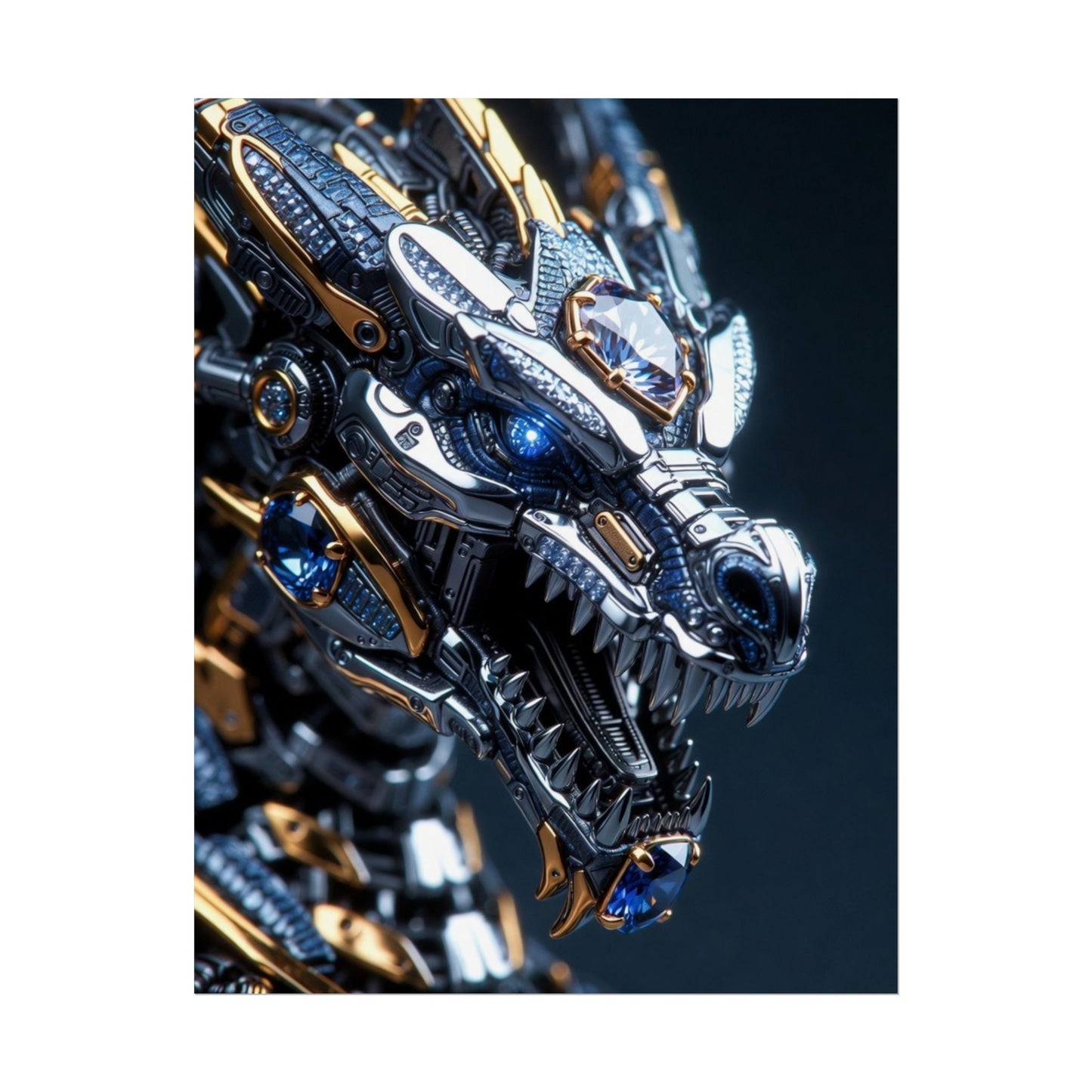 Mechanical Dragon Poster — Futuristic Gold & Blue Sci‑Fi Wall Art