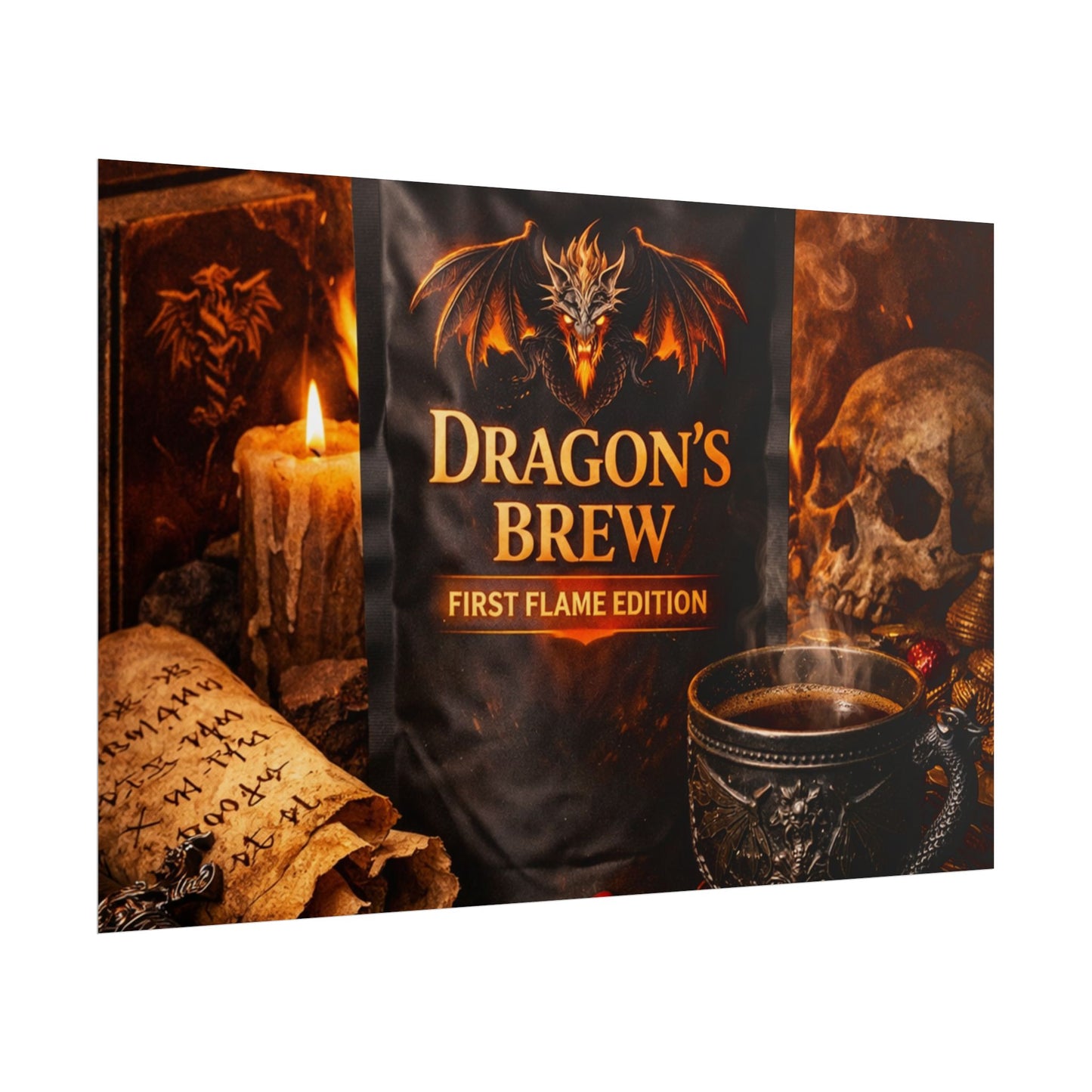 Rolled Poster — "Dragon's Brew: First Flame Edition" Fantasy Coffee Art Print