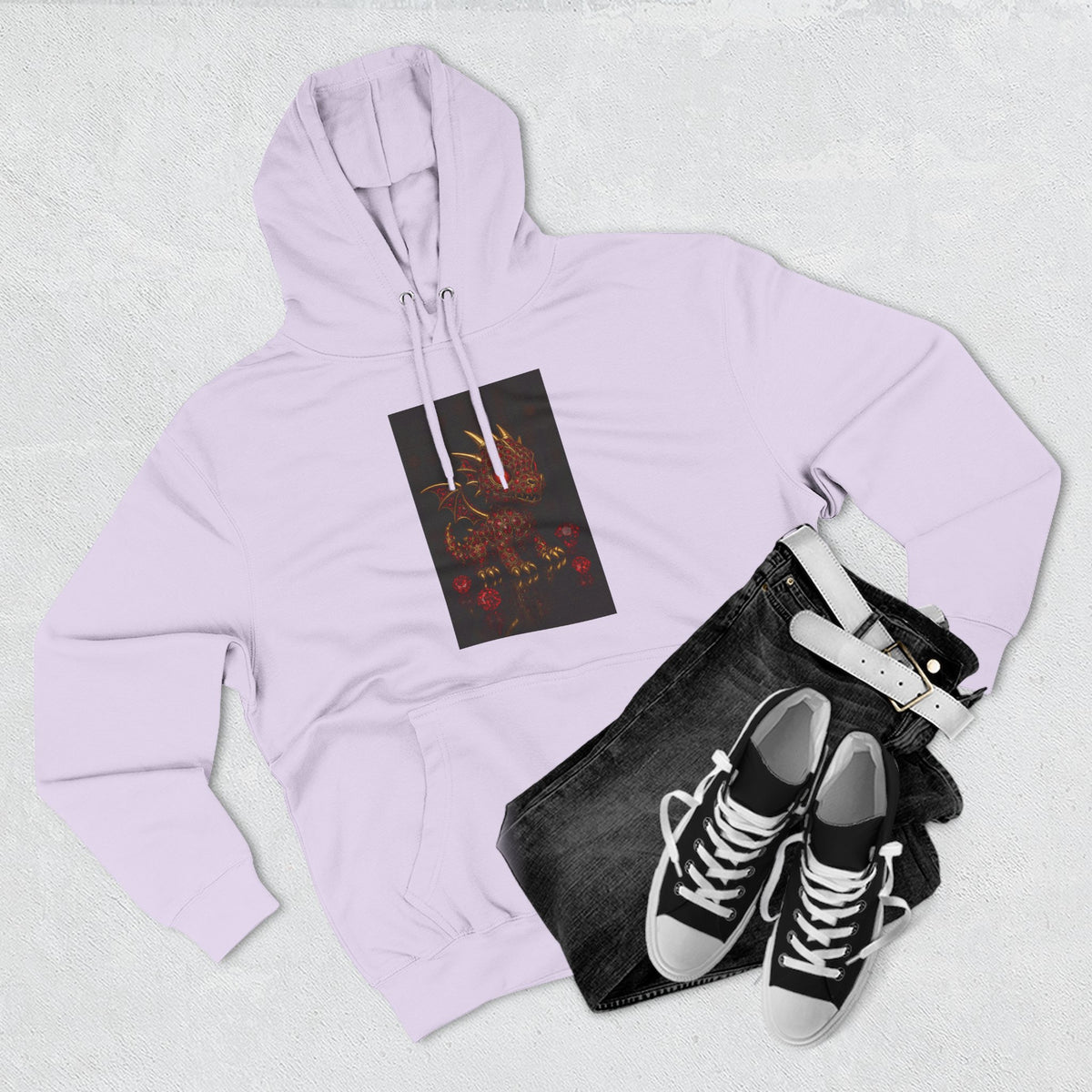 A RUBY RED Dragon Swirl Fleece Hoodie - Three-Panel Design for Fantasy Lovers