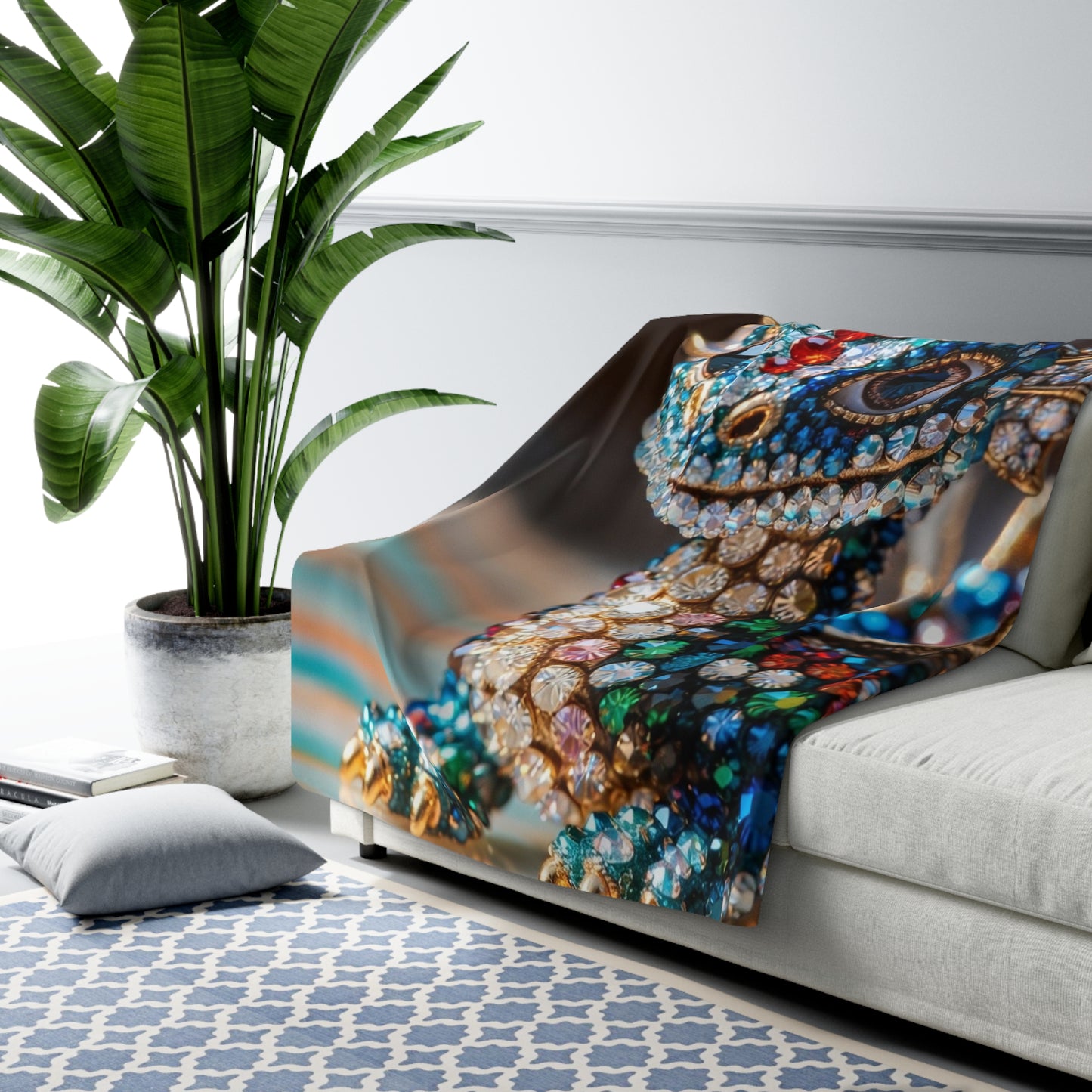 Jeweled Dragon Sherpa Blanket — Cozy Plush Fleece Throw with Gemstone Dragon Design