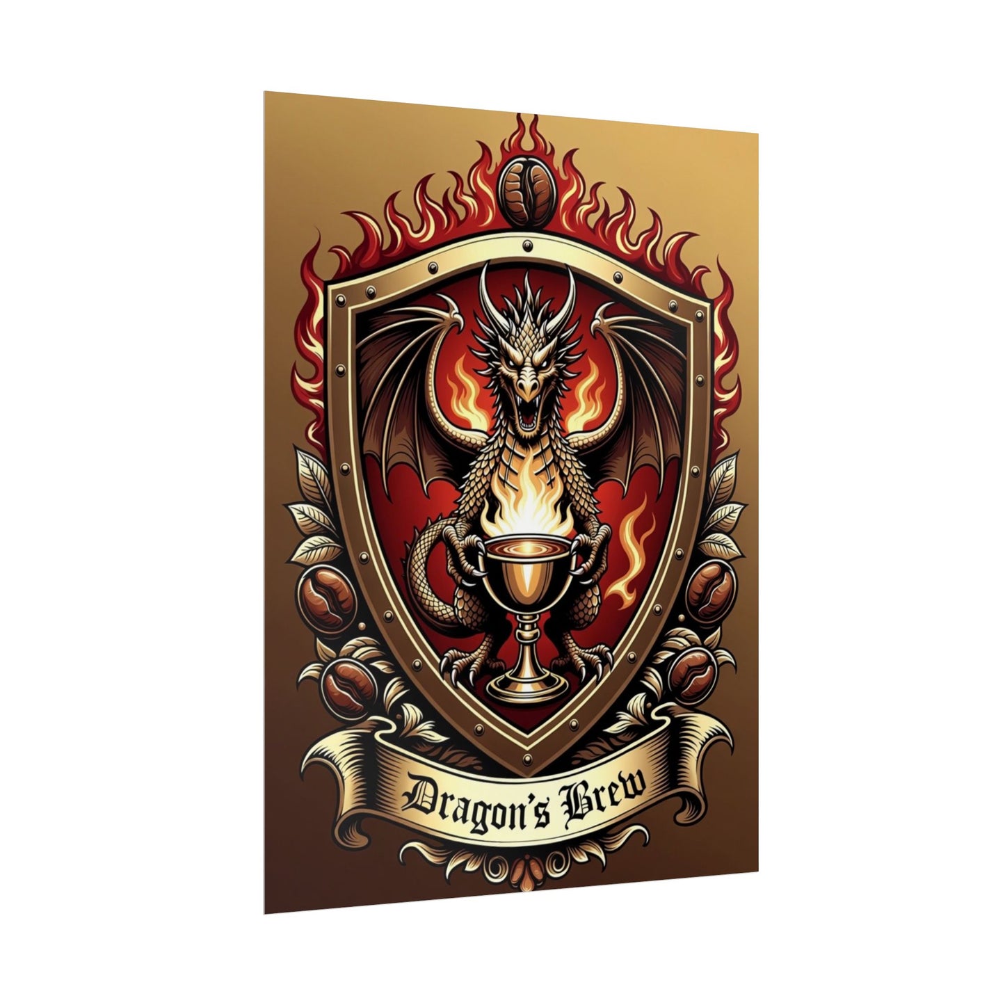 Dragon's Brew Poster — Fantasy Dragon Shield Artwork Rolled Poster
