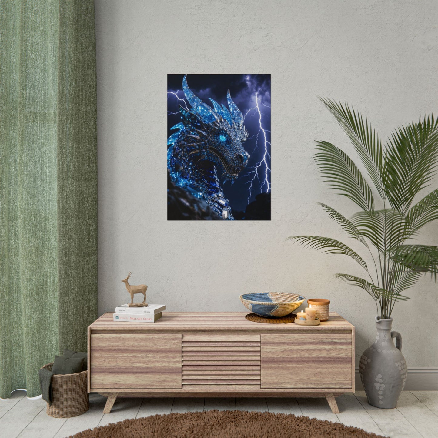 Blue Lightning Dragon Poster — Fantasy Wall Art Rolled Poster