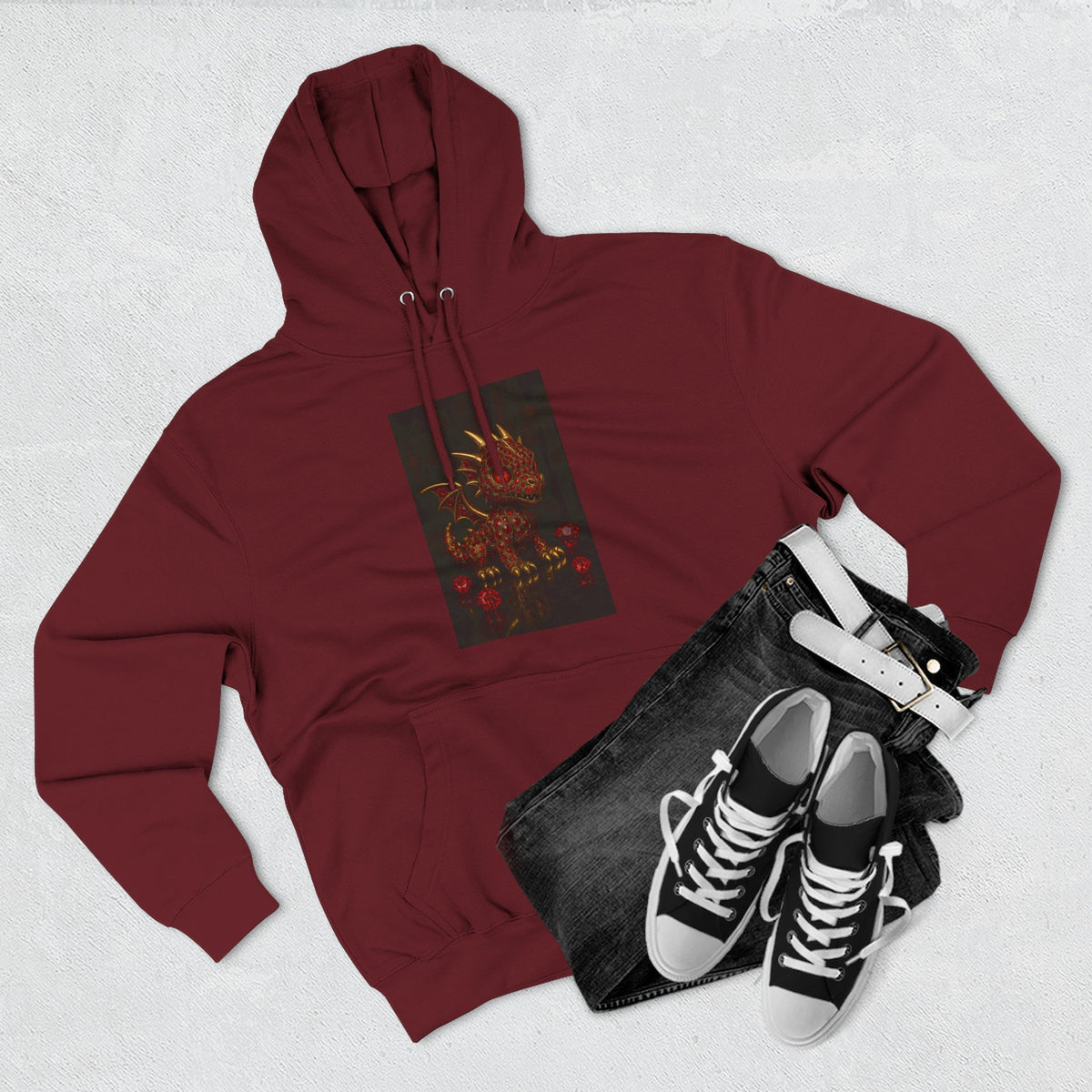A RUBY RED Dragon Swirl Fleece Hoodie - Three-Panel Design for Fantasy Lovers