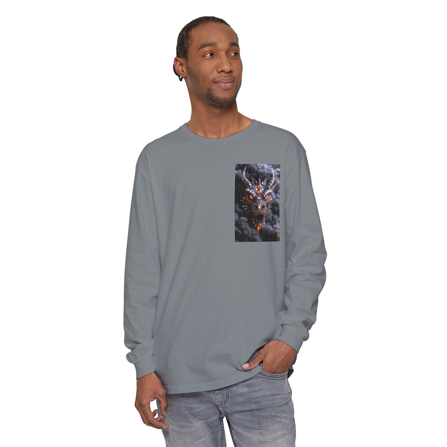 Long Sleeve T‑Shirt — Smoky Dragon Chest Print, Spooky Autumn Graphic
