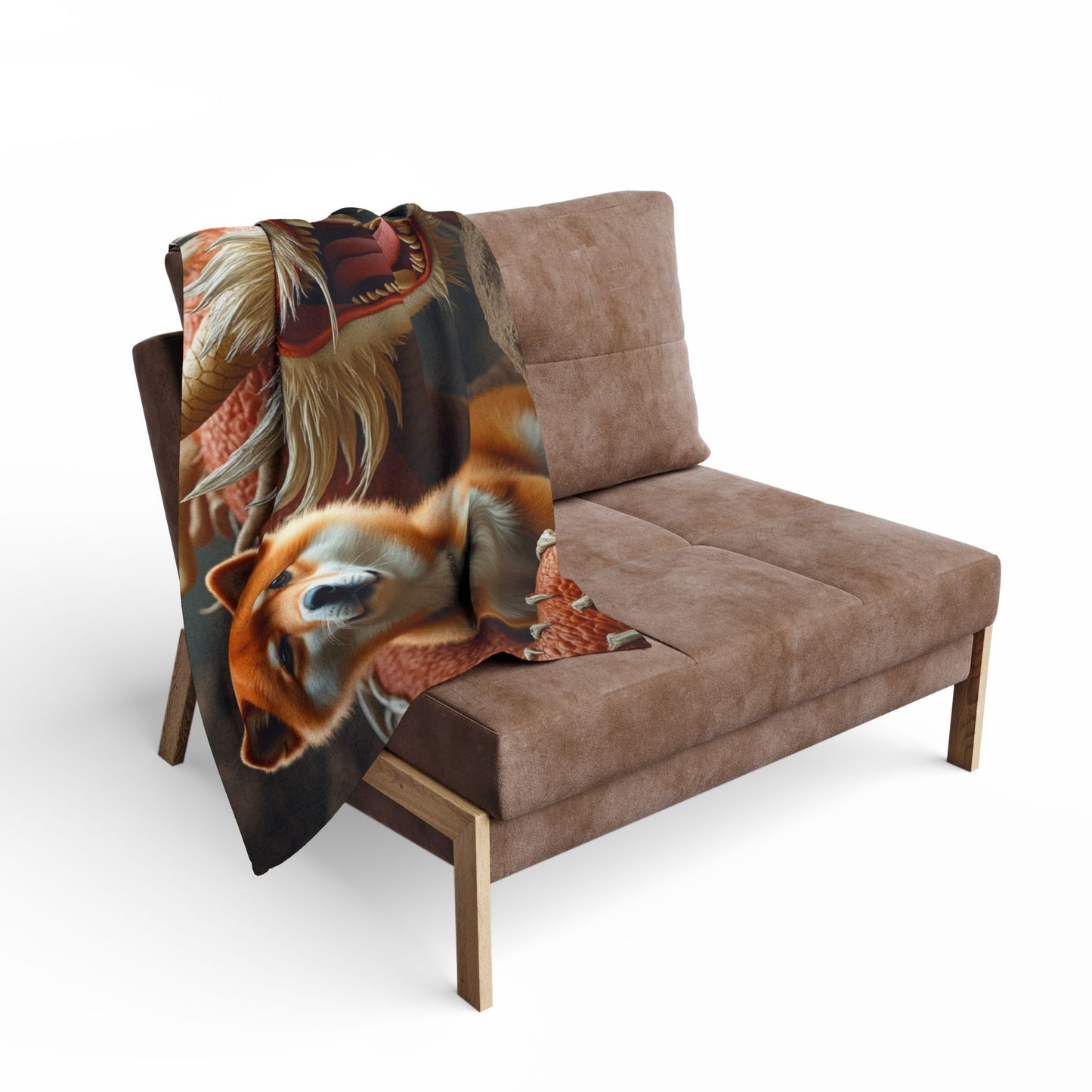 A Cozy Arctic Fleece Blanket with Dragon and Dog Design – Perfect for Animal Lovers