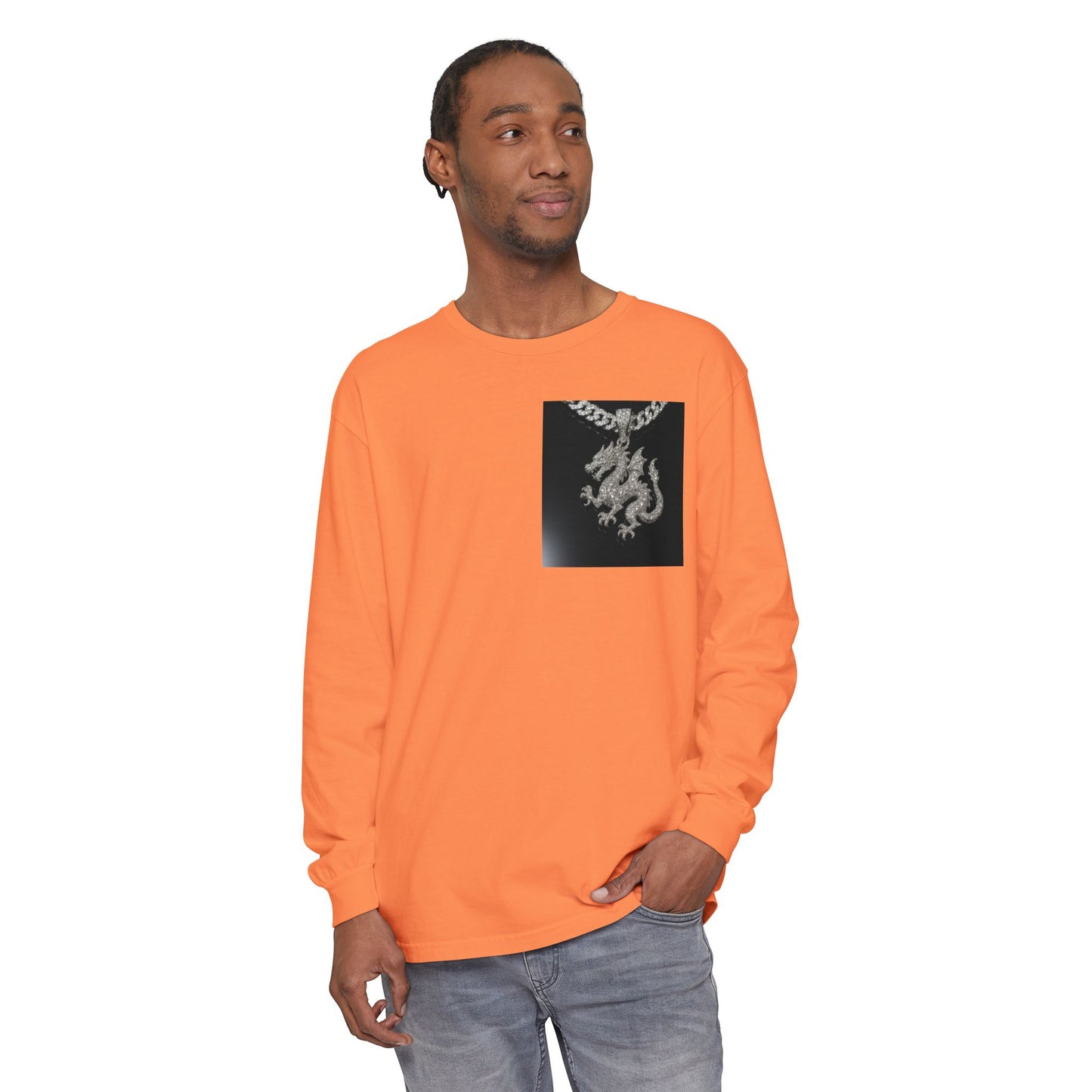 Dragon Pendant Long Sleeve T‑Shirt — Gothic Silver Chain Graphic