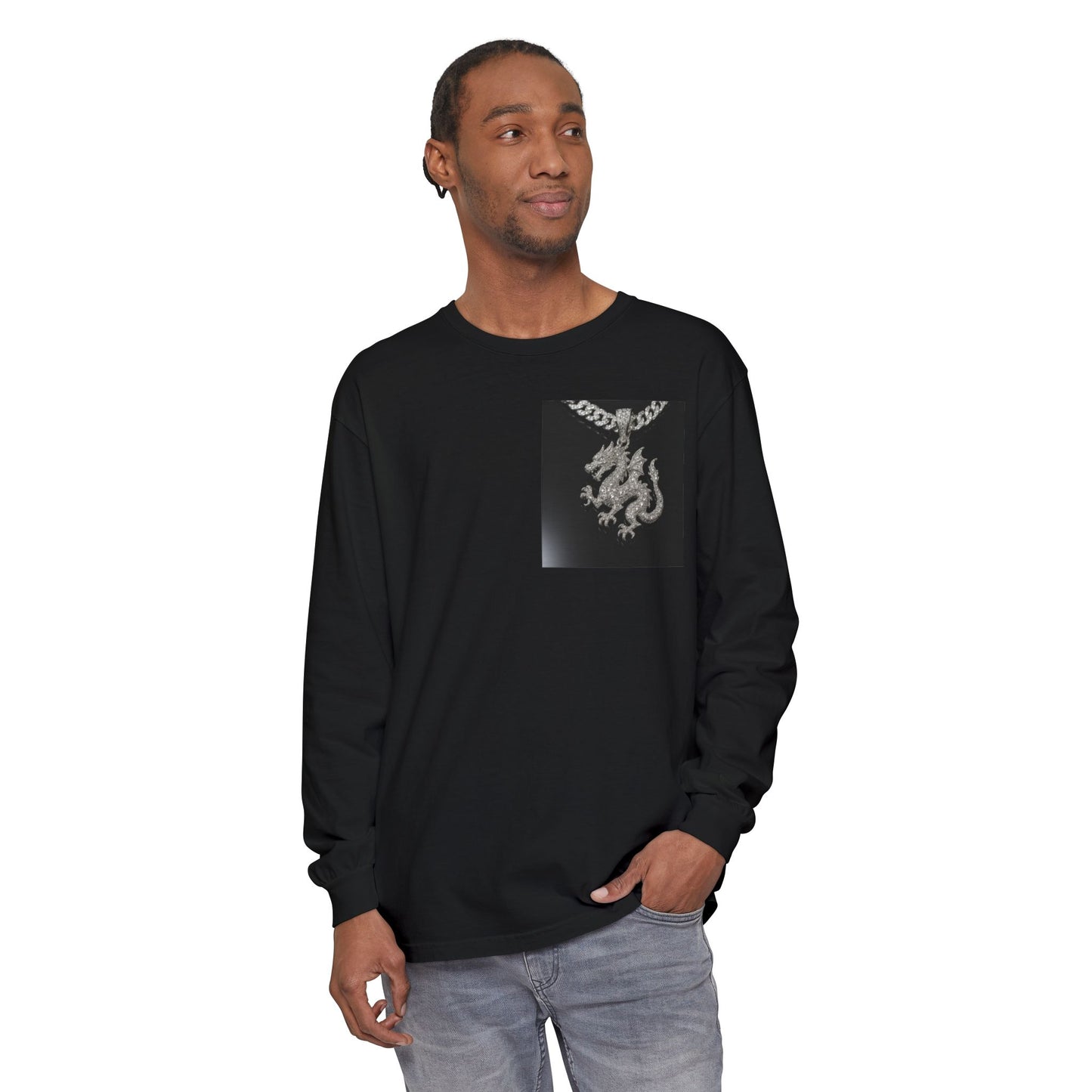 Dragon Pendant Long Sleeve T‑Shirt — Gothic Silver Chain Graphic