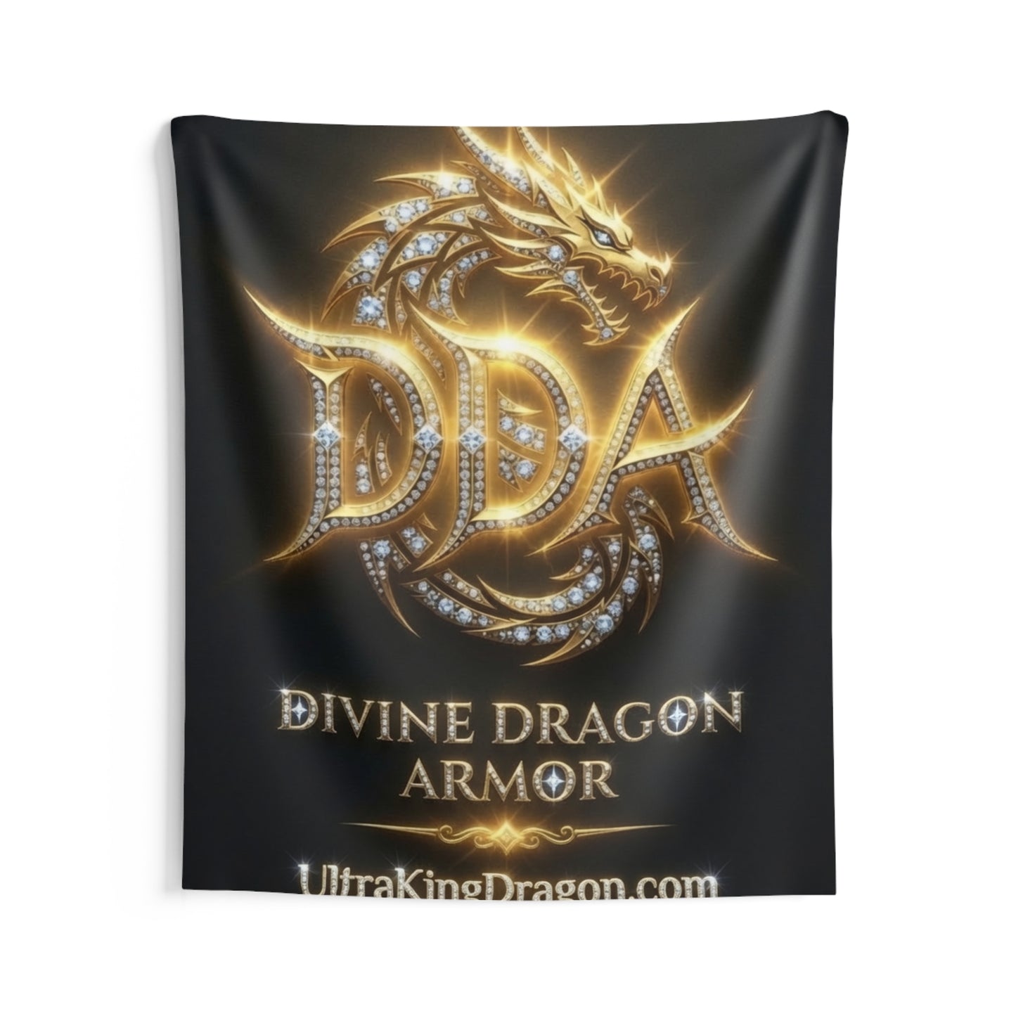 Divine Dragon Armor Wall Tapestry — Gold Dragon Shield Logo Decor (UltraKingDragon.com)