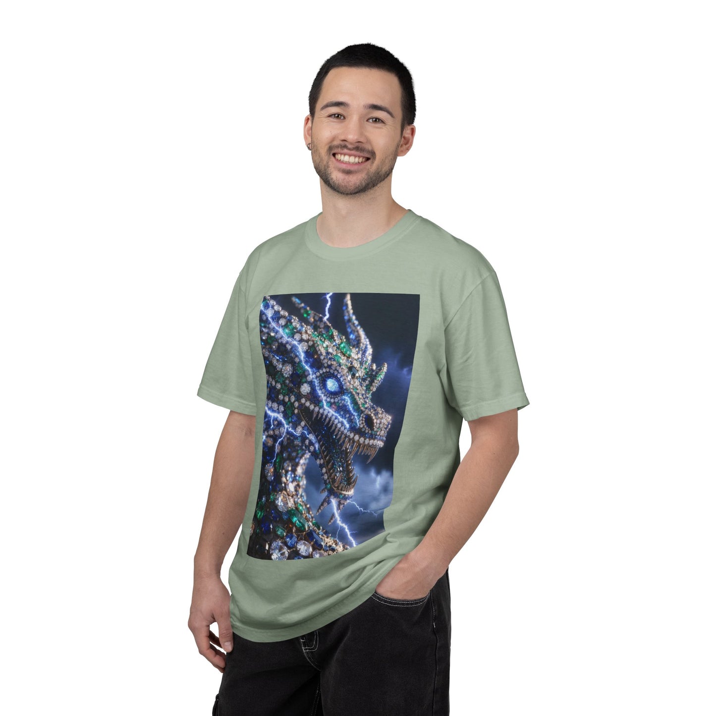 Dragon Lightning Graphic T-Shirt — Jewel-Studded Dragon Design