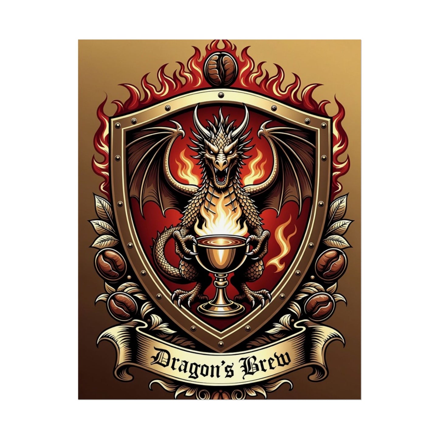 Dragon's Brew Poster — Fantasy Dragon Shield Artwork Rolled Poster
