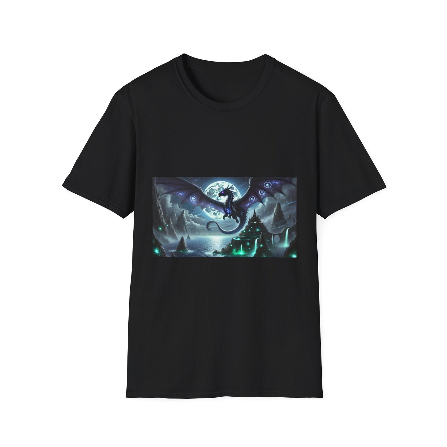 Fantasy Dragon Unisex Softstyle T-Shirt - Mystical Night Design
