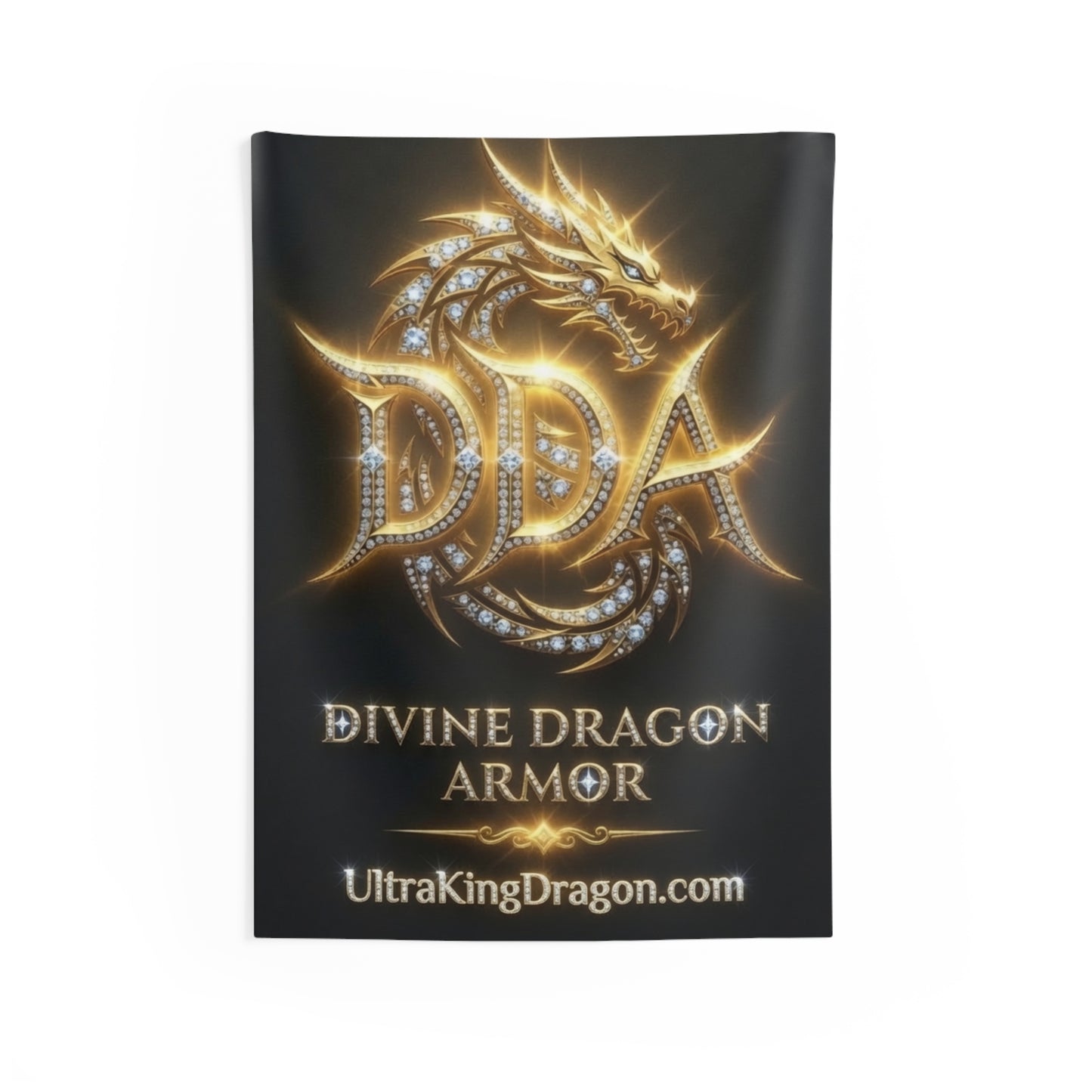 Divine Dragon Armor Wall Tapestry — Gold Dragon Shield Logo Decor (UltraKingDragon.com)