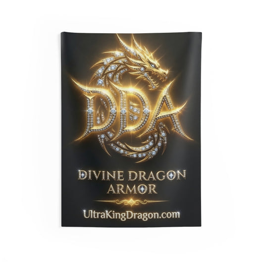 Divine Dragon Armor Wall Tapestry — Gold Dragon Shield Logo Decor (UltraKingDragon.com)