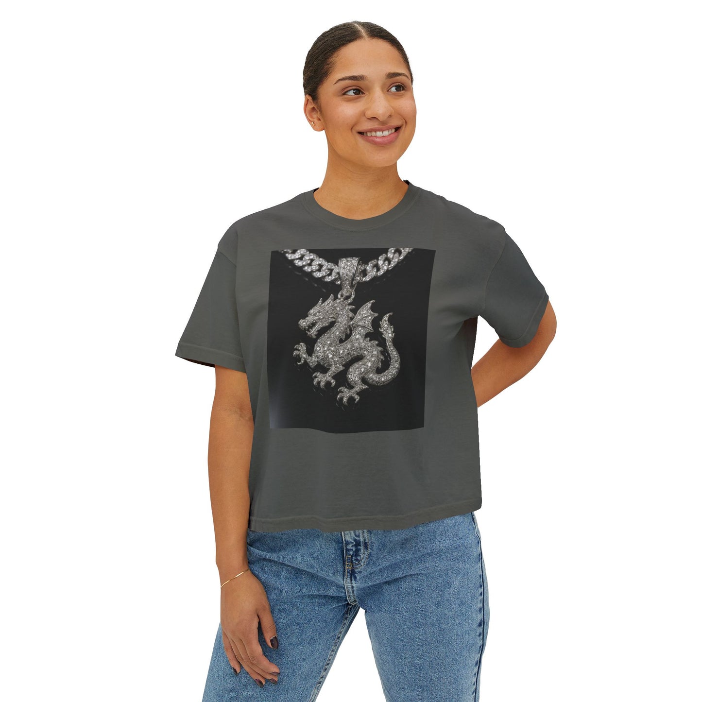 A Divine Diamond Dragon Pendant Graphic Women's Boxy Tee, Casual T-Shirt, Trendy Fashion, Streetwear Style, Unique Gift for Her, Everyday Wear