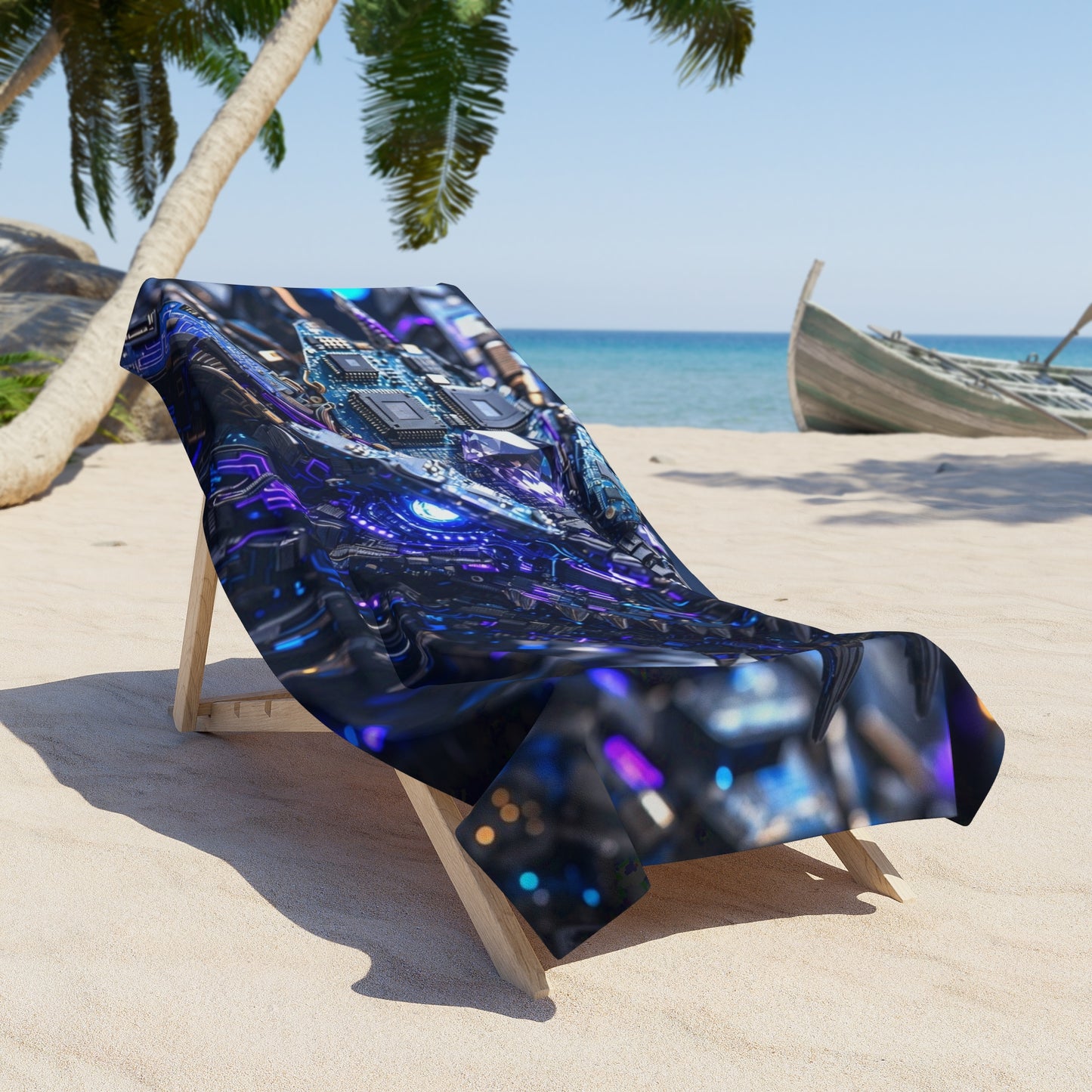 Cybernetic Dragon Beach Towel — Futuristic Blue Tech Shark Design