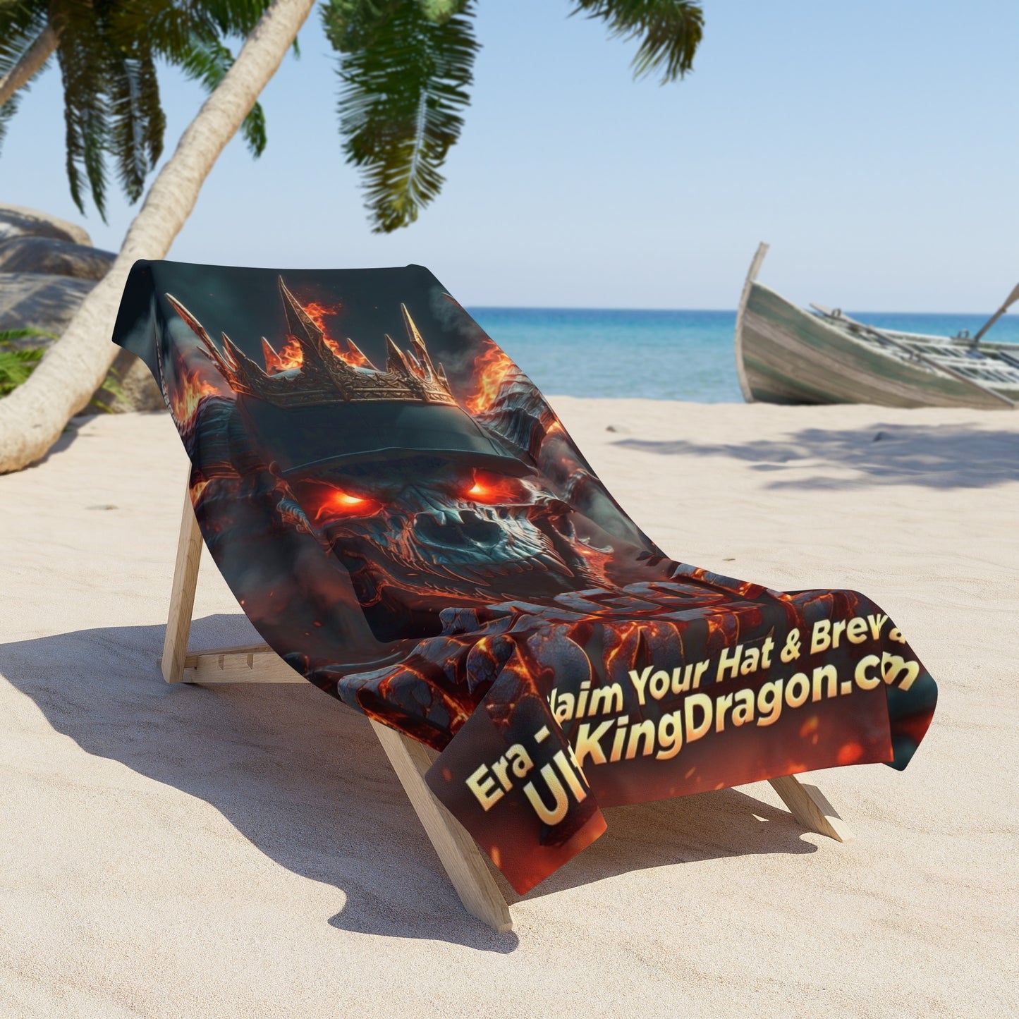Dragon Skull Beach Towel — Fiery Skull Design with Glowing Eyes (Promotional Text Included)