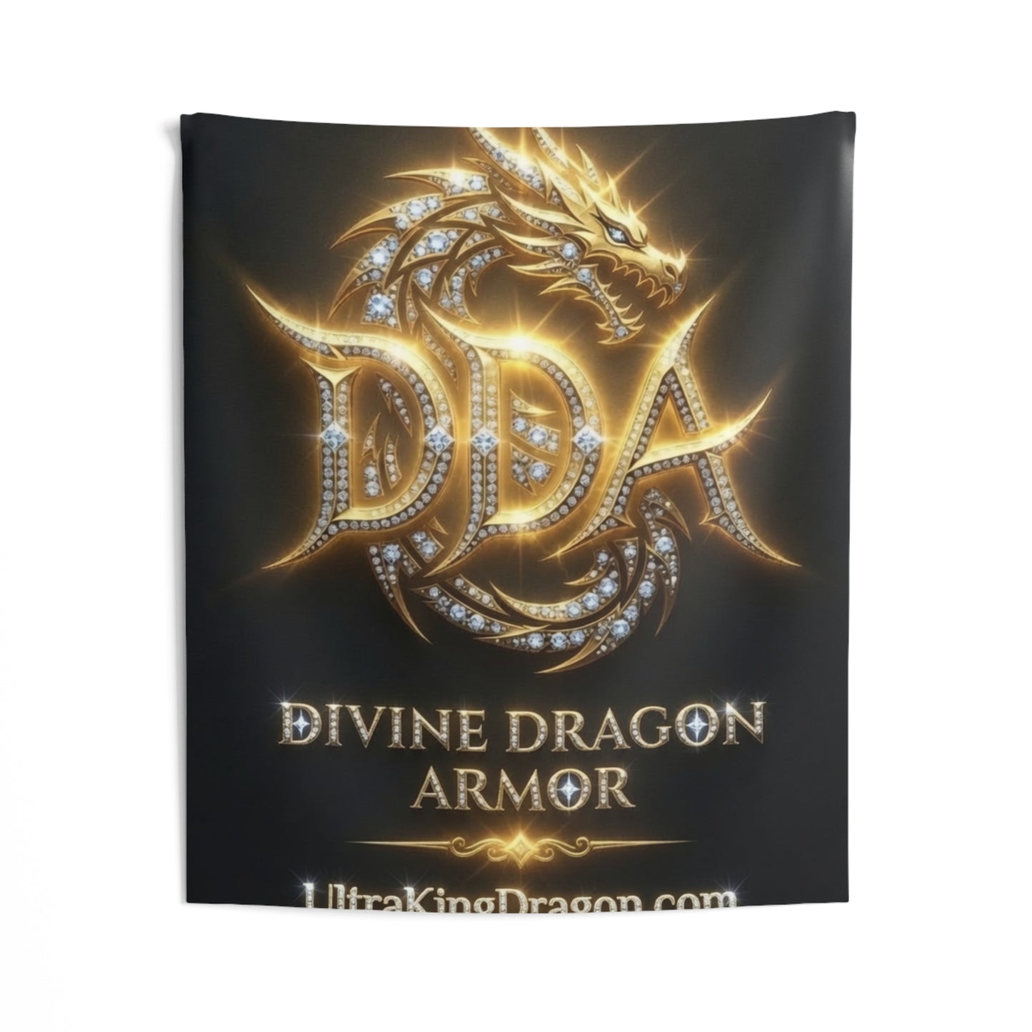Divine Dragon Armor Wall Tapestry — Gold Dragon Shield Logo Decor (UltraKingDragon.com)