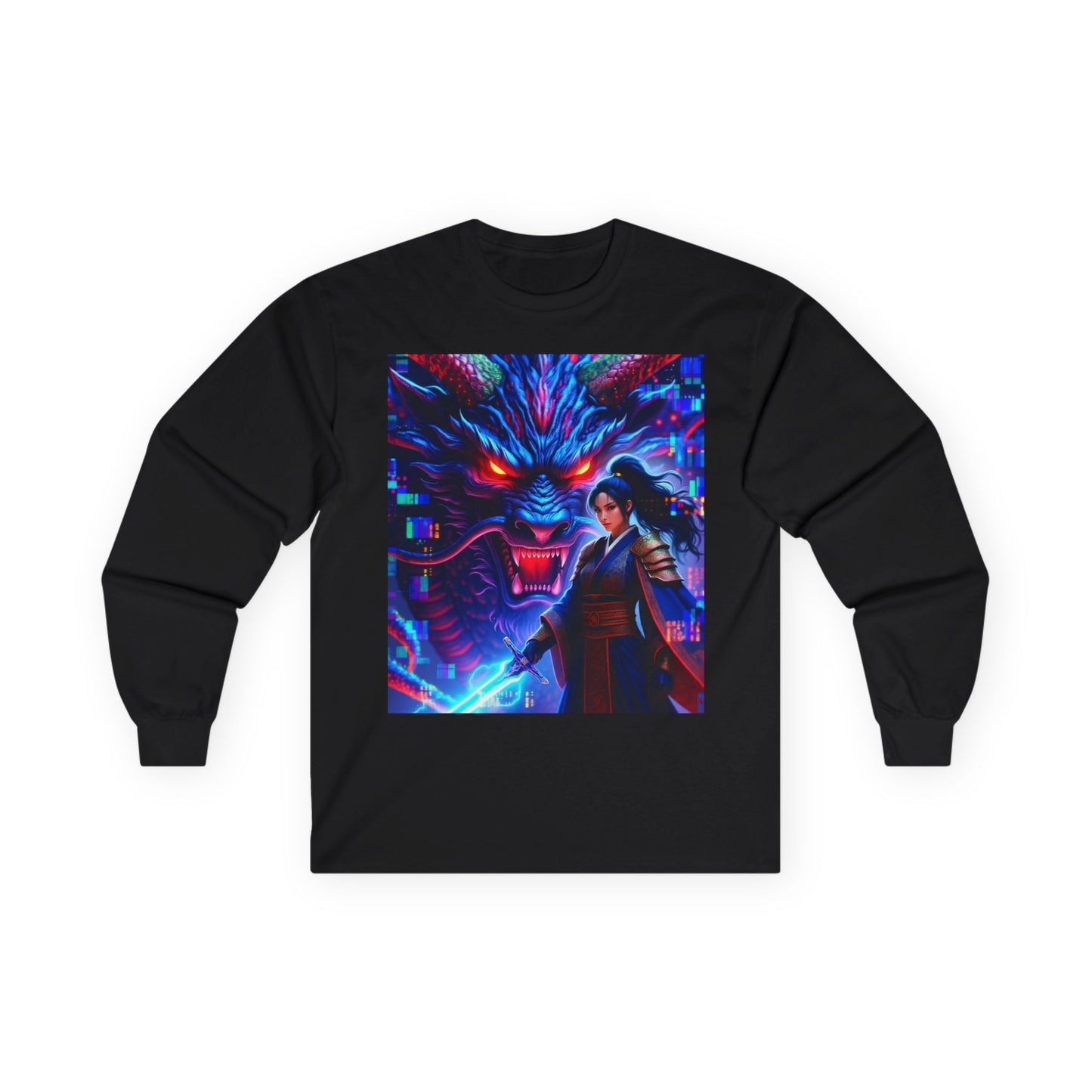 Long Sleeve Tee — Neon Samurai Wolf Art Graphic Shirt