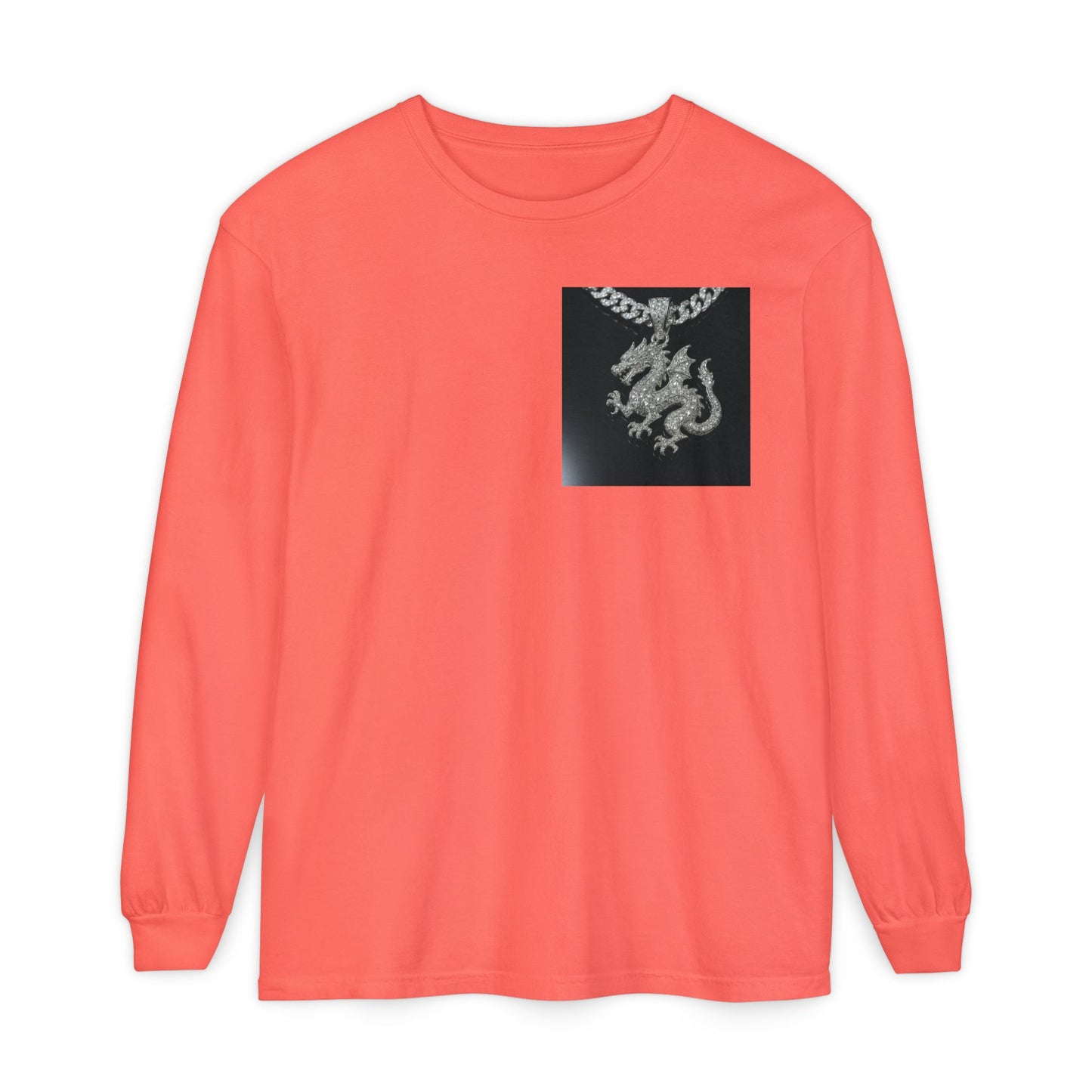 Dragon Pendant Long Sleeve T‑Shirt — Gothic Silver Chain Graphic