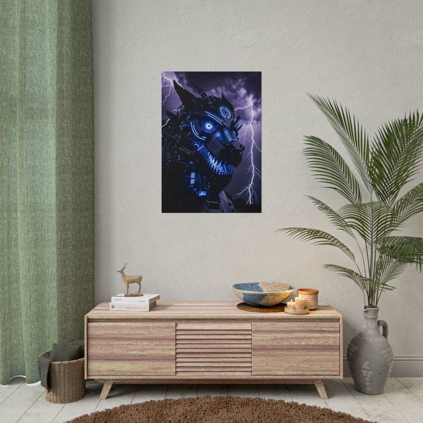 CyberDragon Storm Poster — Futuristic Mech Wolf Art Print (Rolled Poster)
