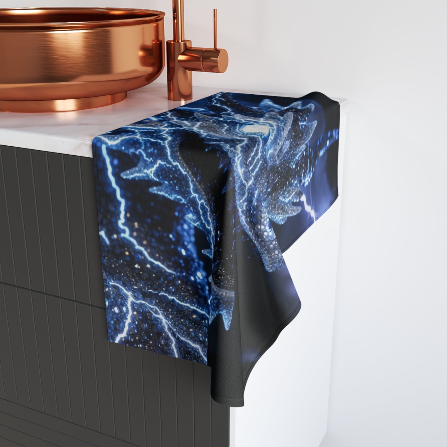 Electric Blue Dragon Hand Towel — Lightning Fantasy Bathroom & Kitchen Decor