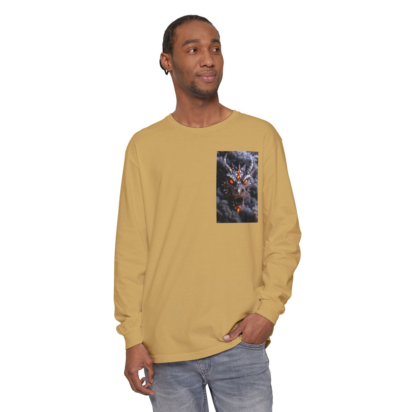 Long Sleeve T‑Shirt — Smoky Dragon Chest Print, Spooky Autumn Graphic