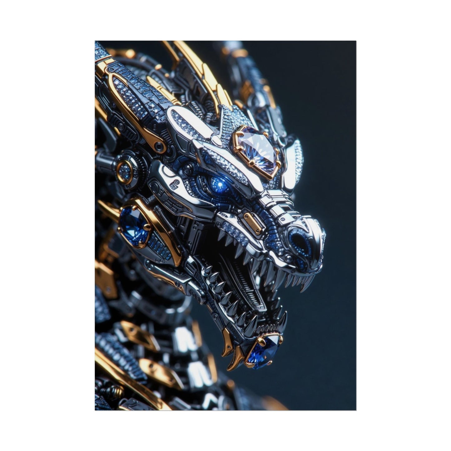 Mechanical Dragon Poster — Futuristic Gold & Blue Sci‑Fi Wall Art