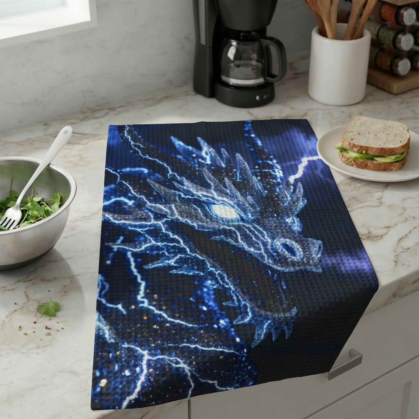 Electric Blue Dragon Kitchen Towel — Waffle Weave Hand Towel