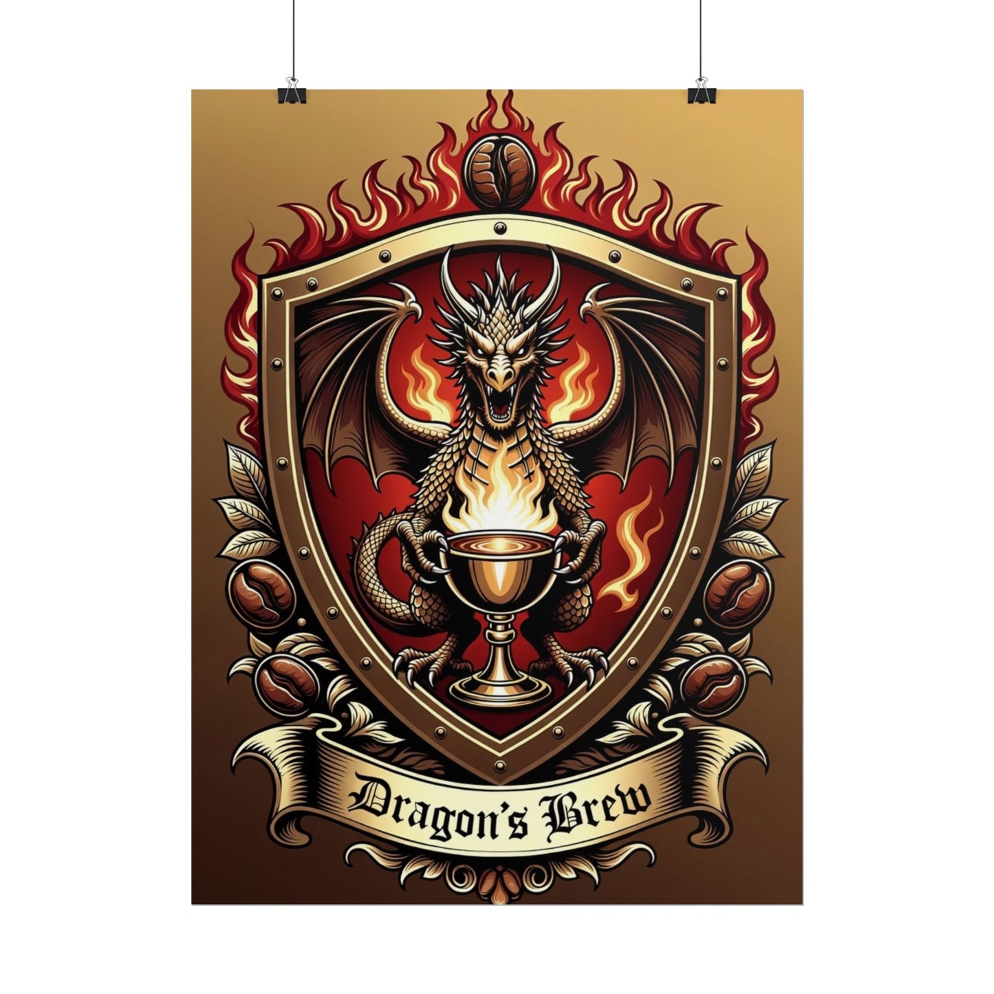 Dragon's Brew Poster — Fantasy Dragon Shield Artwork Rolled Poster