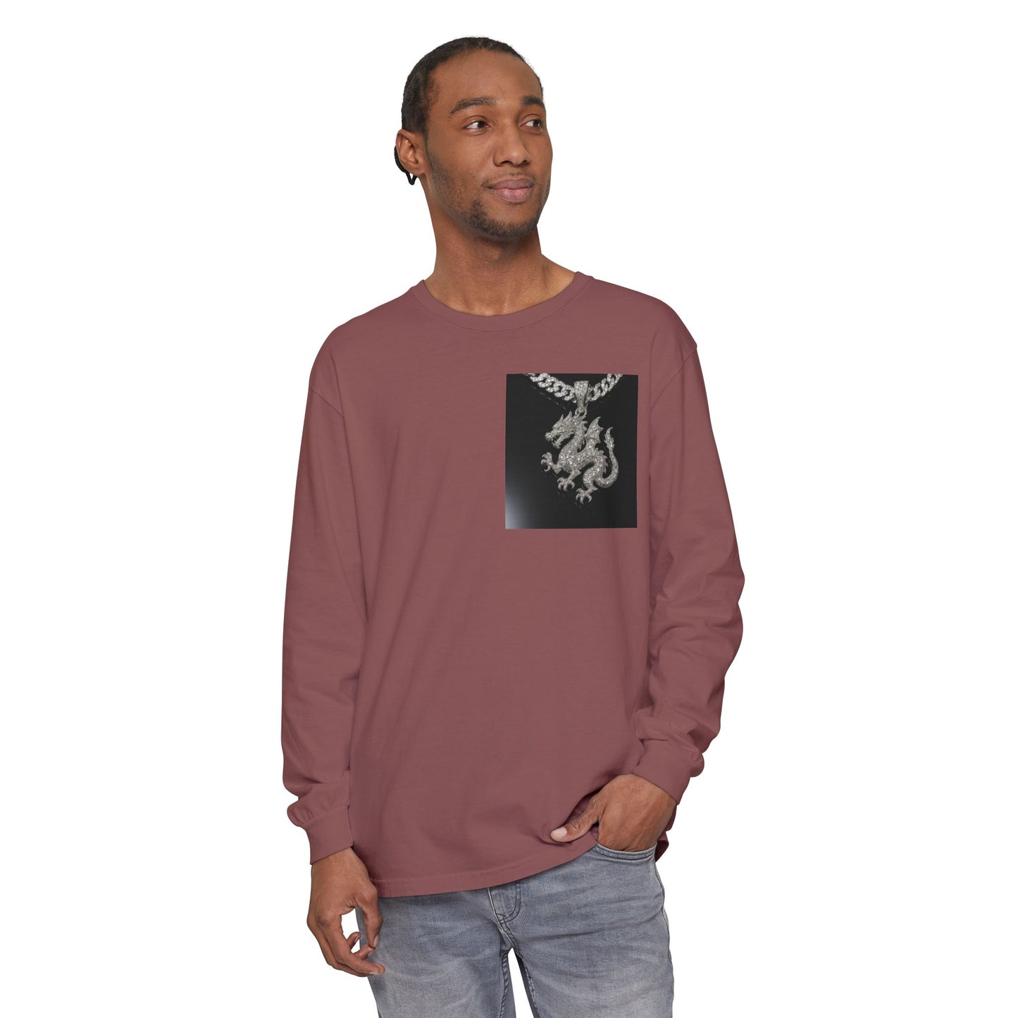 Dragon Pendant Long Sleeve T‑Shirt — Gothic Silver Chain Graphic