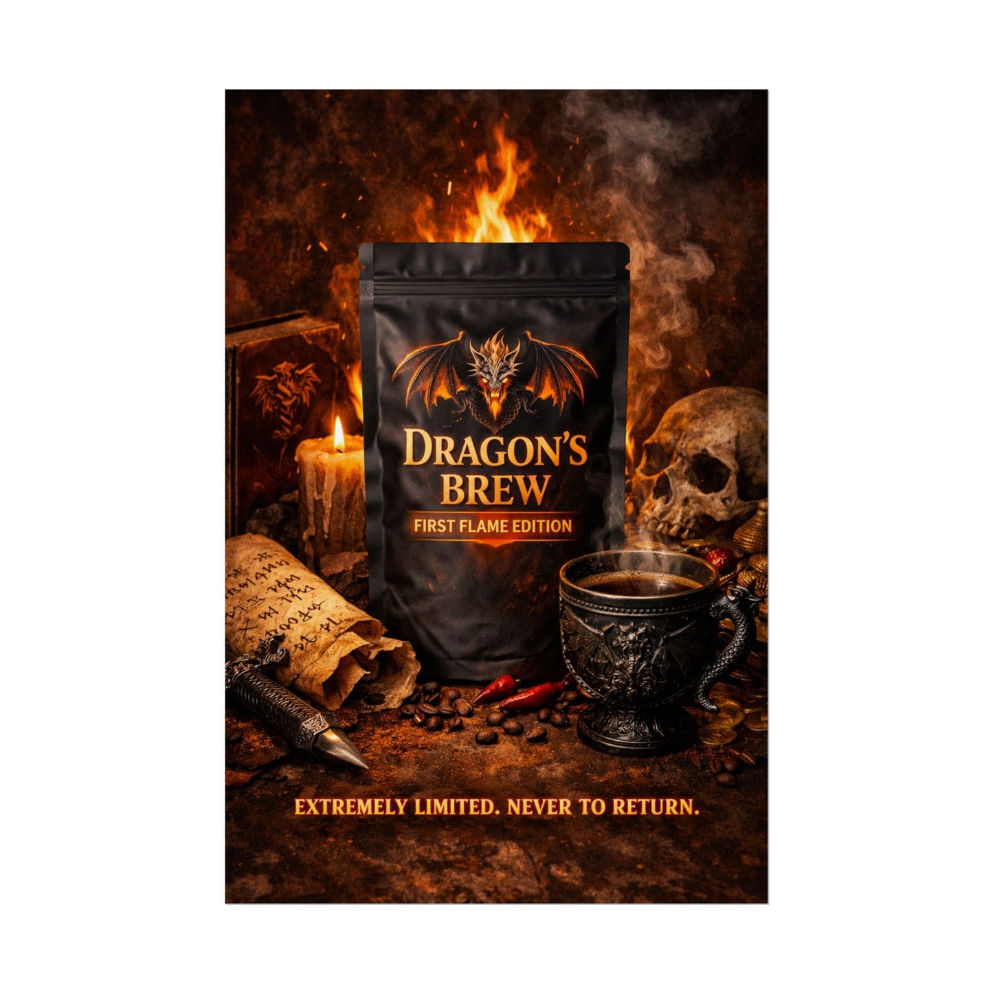 Rolled Poster — "Dragon's Brew: First Flame Edition" Fantasy Coffee Art Print