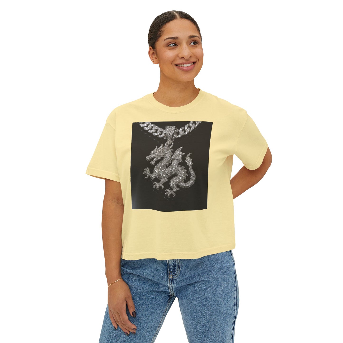 A Divine Diamond Dragon Pendant Graphic Women's Boxy Tee, Casual T-Shirt, Trendy Fashion, Streetwear Style, Unique Gift for Her, Everyday Wear