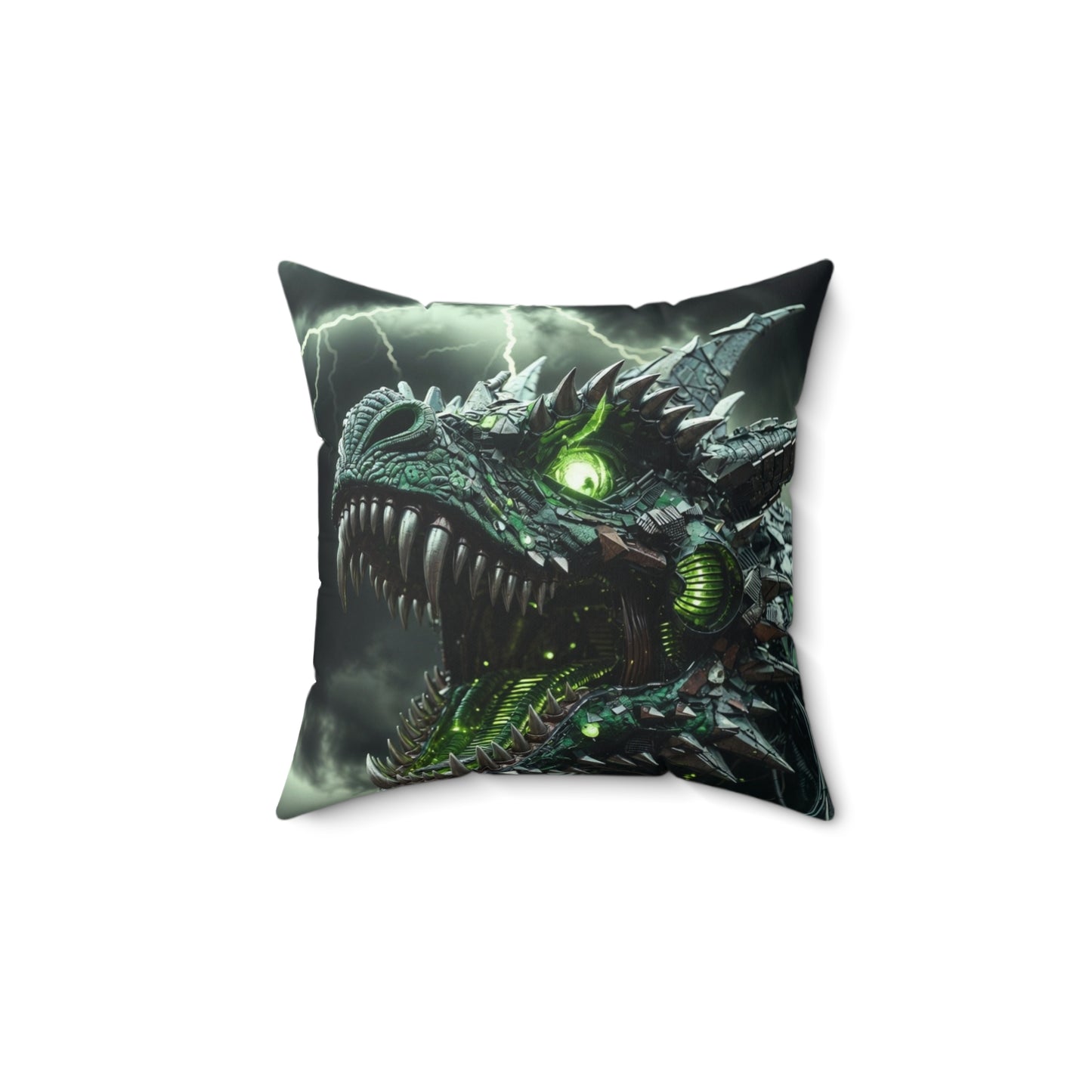 Dragon Skull Decorative Pillow — Green Cyber-Dragon Graphic Throw Pillow
