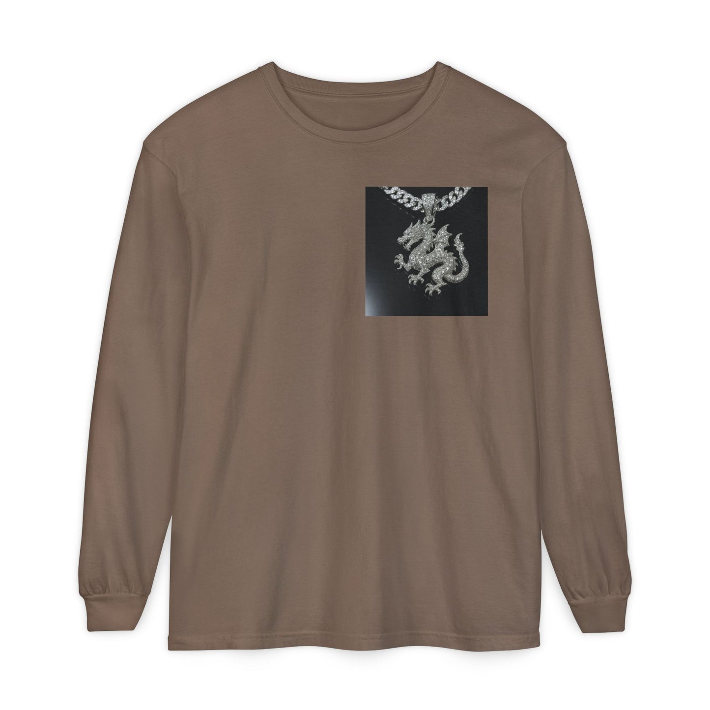 Dragon Pendant Long Sleeve T‑Shirt — Gothic Silver Chain Graphic