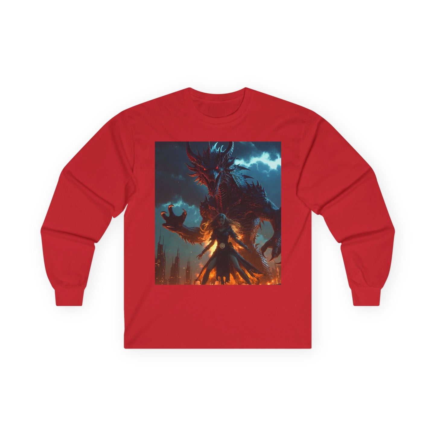 Dragon of Flame Long Sleeve Tee — Dark Fantasy Fire Demon Artwork