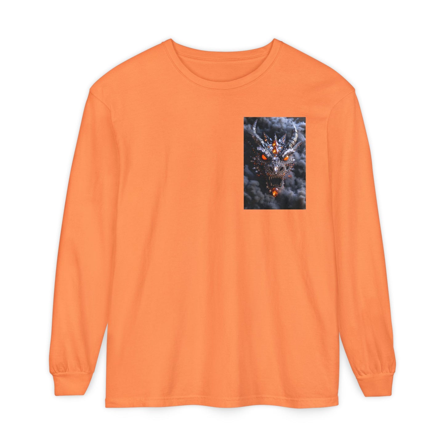 Long Sleeve T‑Shirt — Smoky Dragon Chest Print, Spooky Autumn Graphic