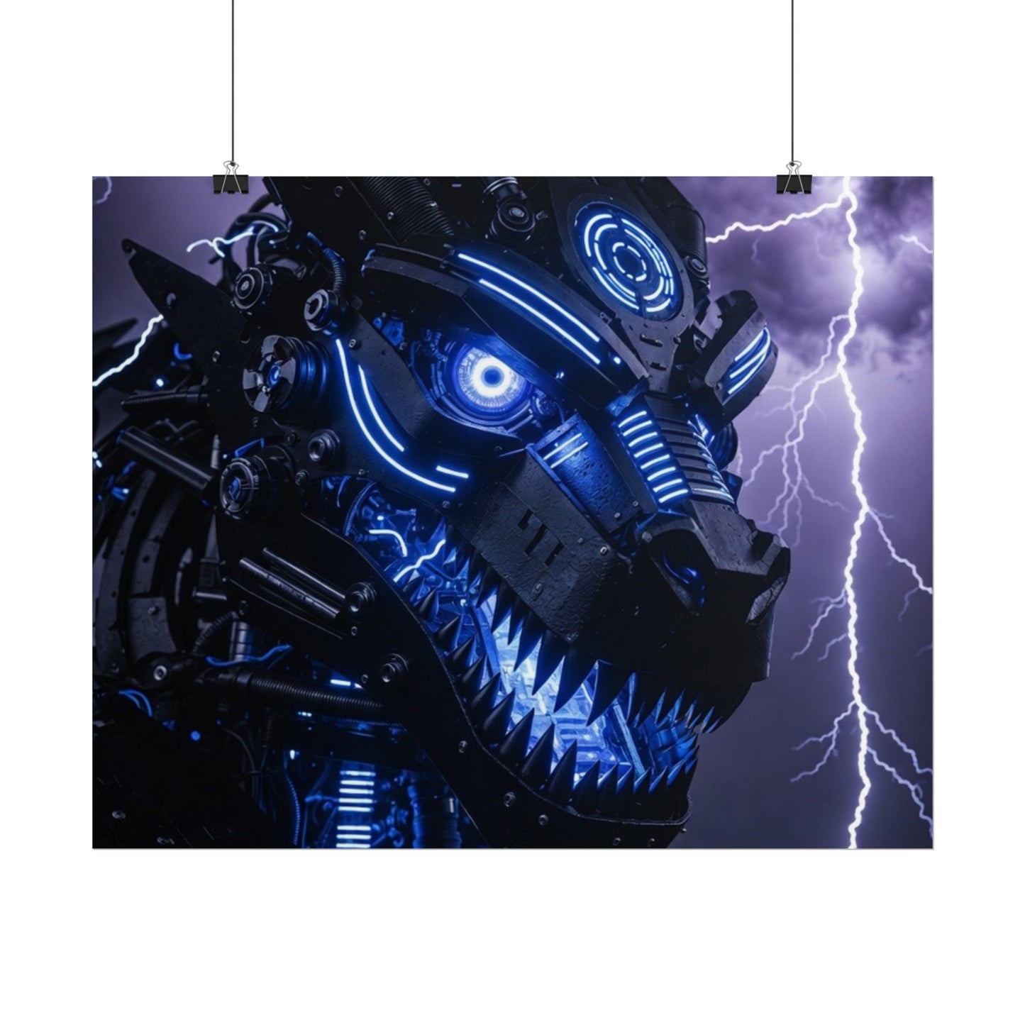 CyberDragon Storm Poster — Futuristic Mech Wolf Art Print (Rolled Poster)