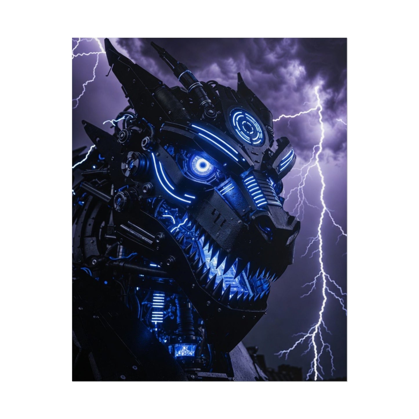 CyberDragon Storm Poster — Futuristic Mech Wolf Art Print (Rolled Poster)
